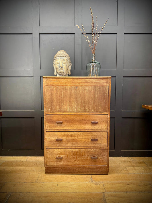 1930s Art Deco Limed Oak Bureau Chest of Drawers Writing Desk  Mirror Tallboy