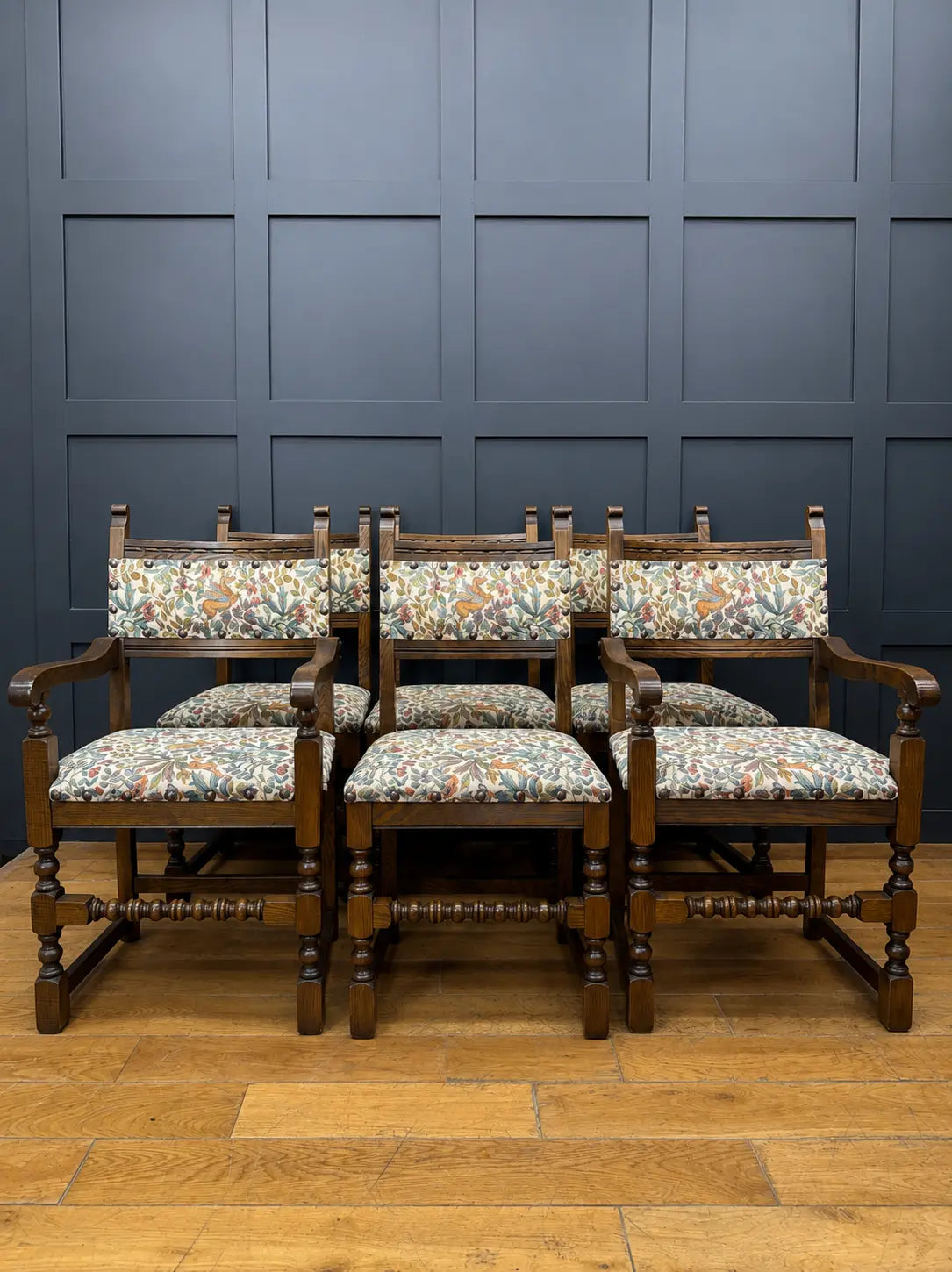 Old Charm Set 6 Dining Kitchen Chairs 2 Carvers Pegasus Fabric Solid Oak Vintage