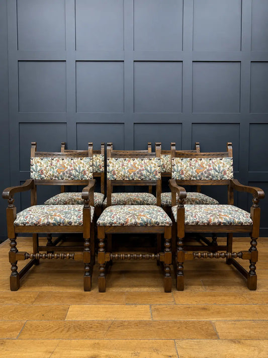 Old Charm Set 6 Dining Kitchen Chairs 2 Carvers Pegasus Fabric Solid Oak Vintage