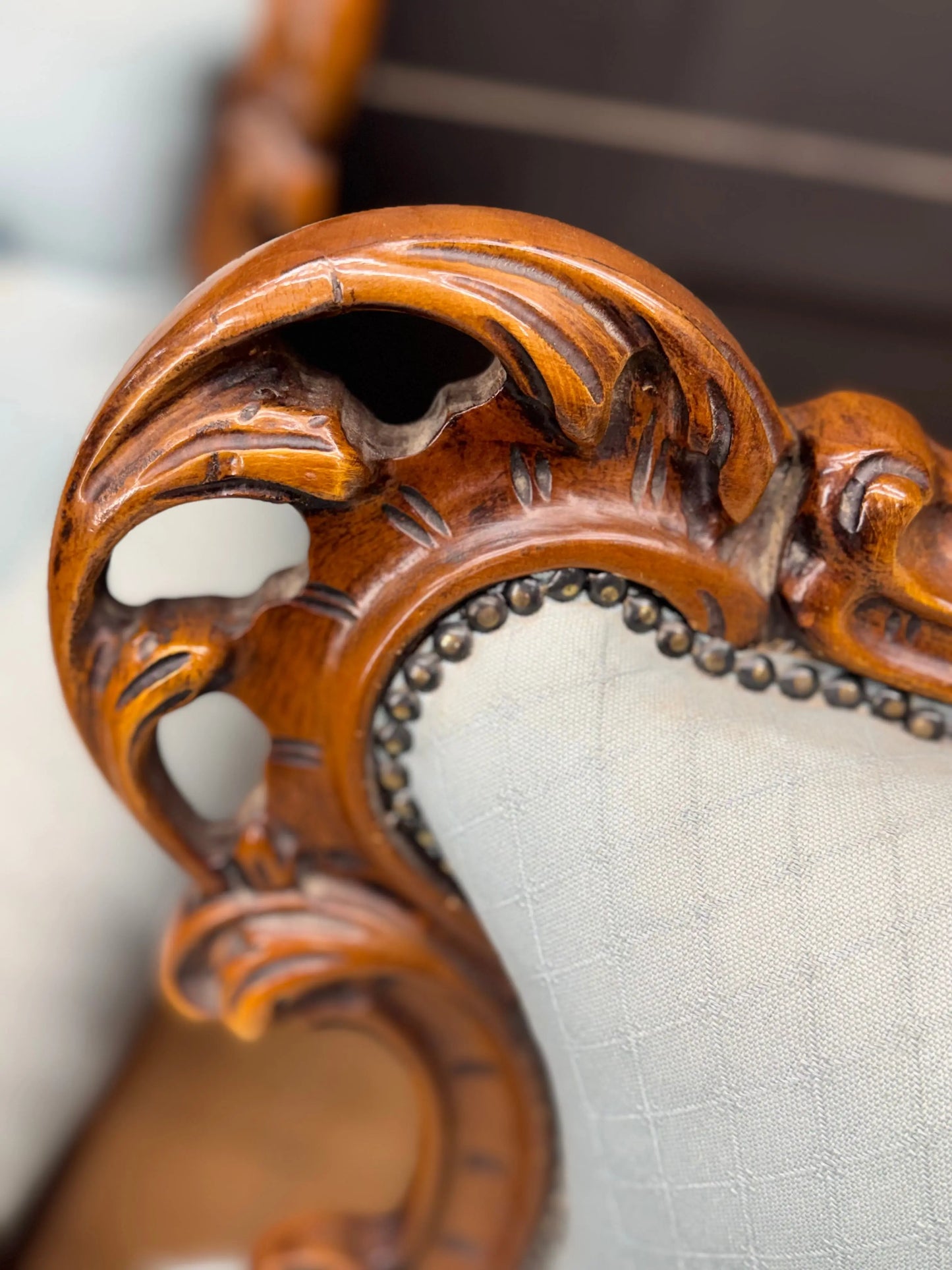 Pair Vintage Armchairs French Louis XV Style Rococo Carved Wood Upholstered