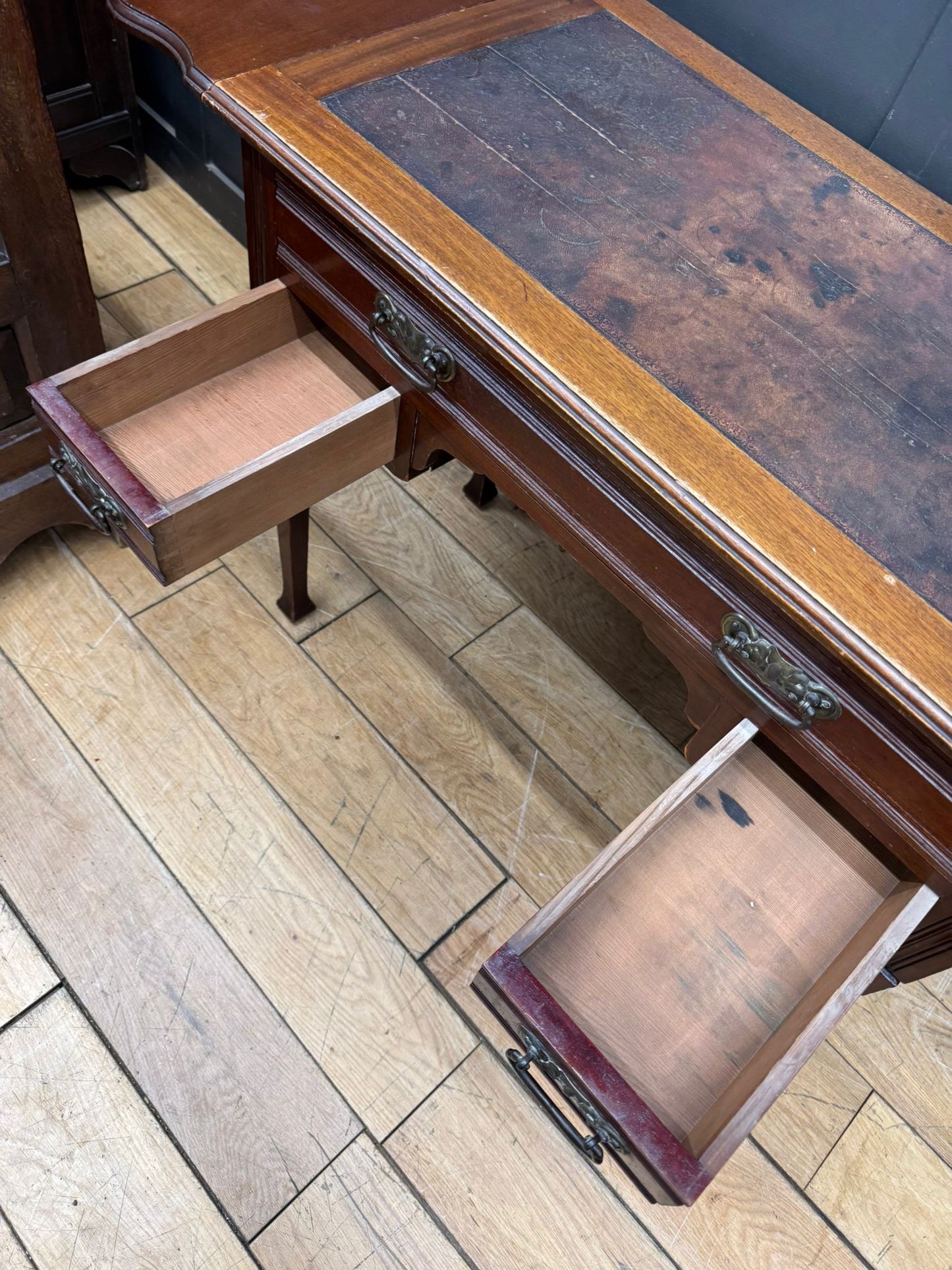 Vintage Mahogany Drop Leaf Side Table – 3 Drawers – Leather Inset Top
