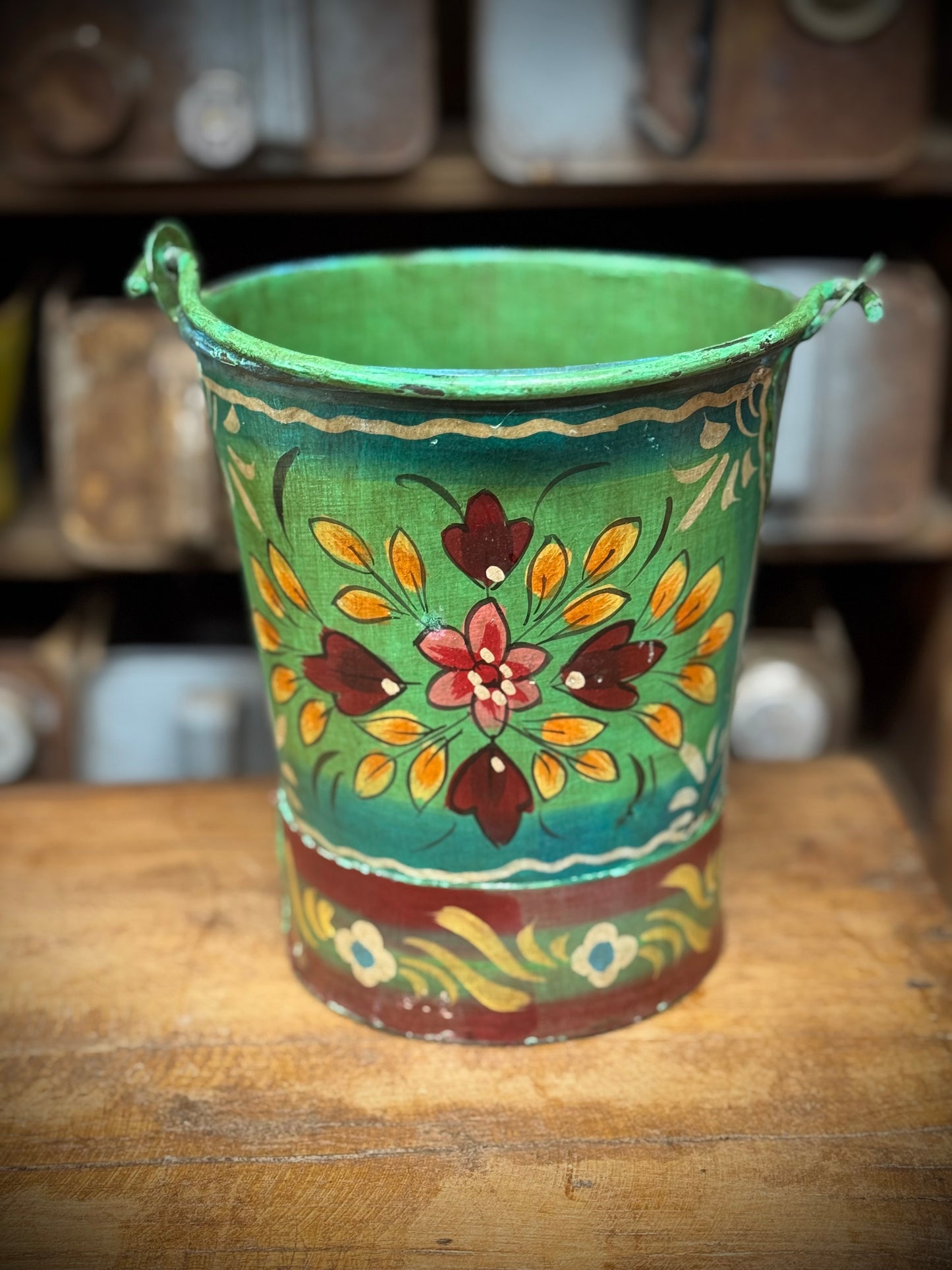Vintage Small Hand Painted Bucket / Plant Pot / Herb Planter /Green /Red / Pail