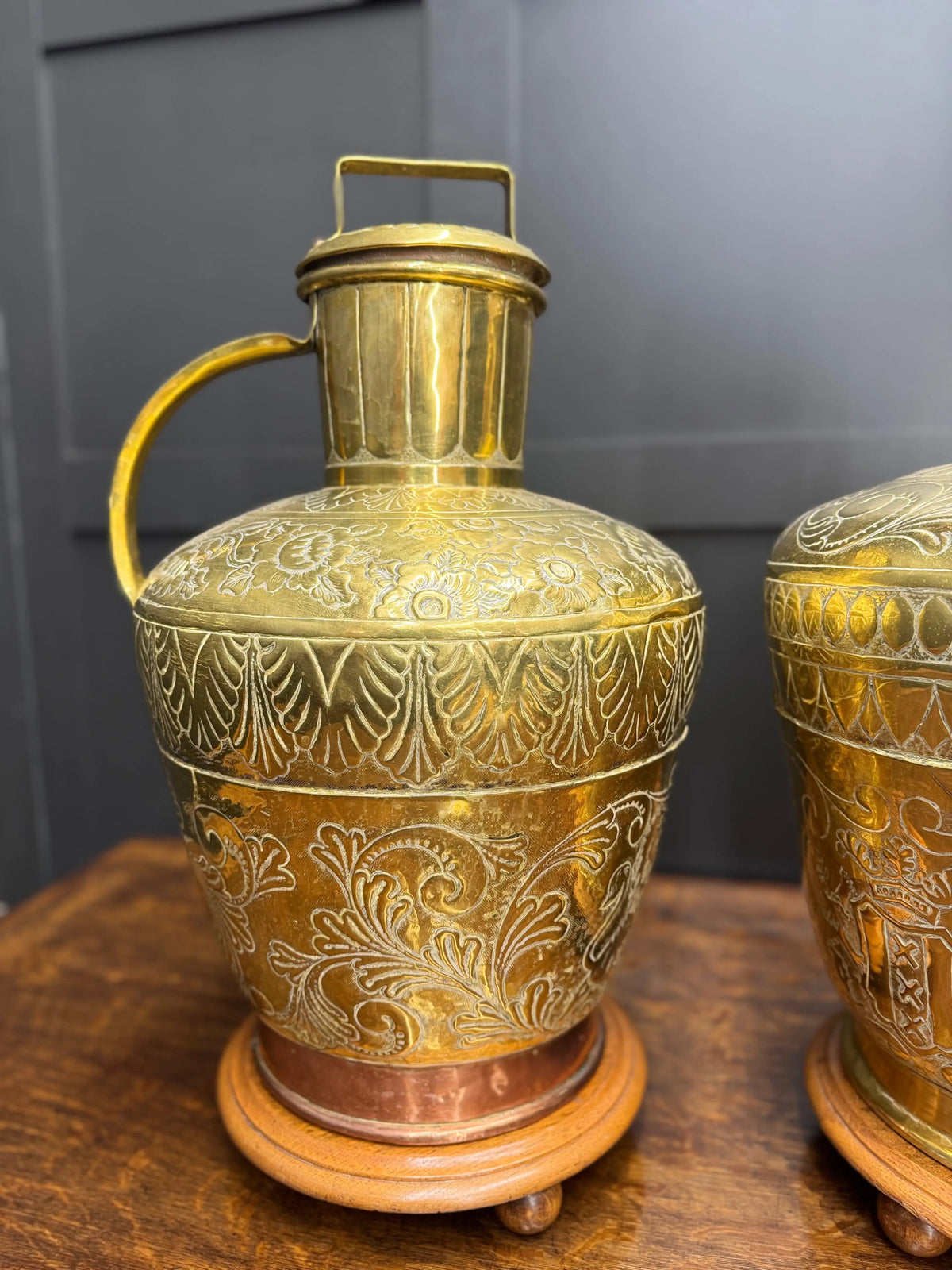 Antique Pair Large 19th Century Dutch Brass Floor Vases Jugs Urns  Display Decor