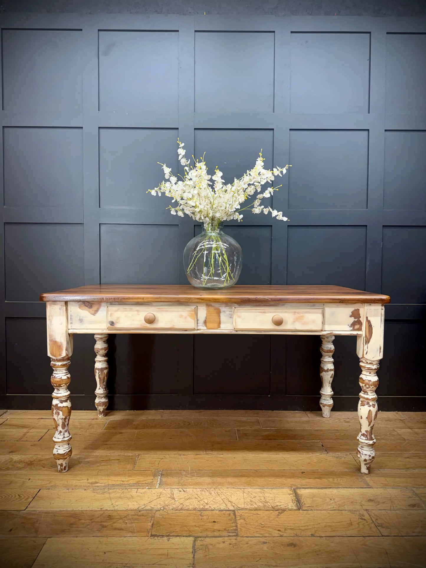 Vintage Solid Pine Farmhouse Kitchen Dining Table 2 Drawer Desk