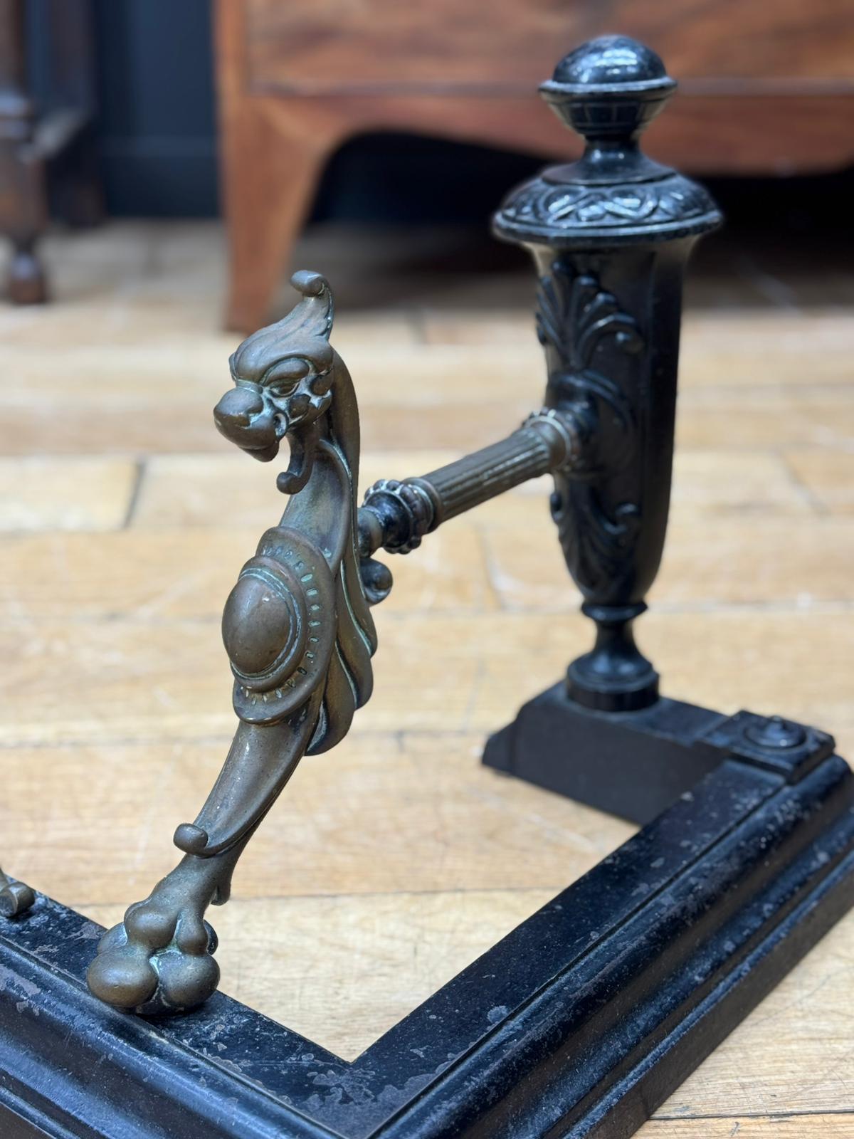 Antique Fireplace Fender – Iron & Brass Griffin Ends Victorian Hearth Guard