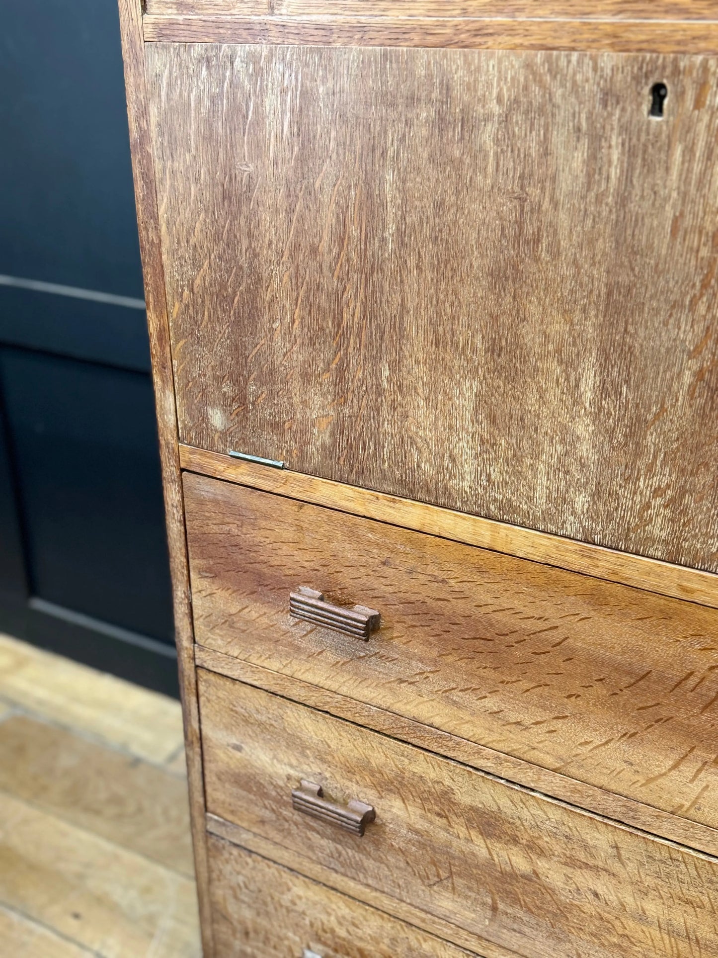 1930s Art Deco Limed Oak Bureau Chest of Drawers Writing Desk  Mirror Tallboy