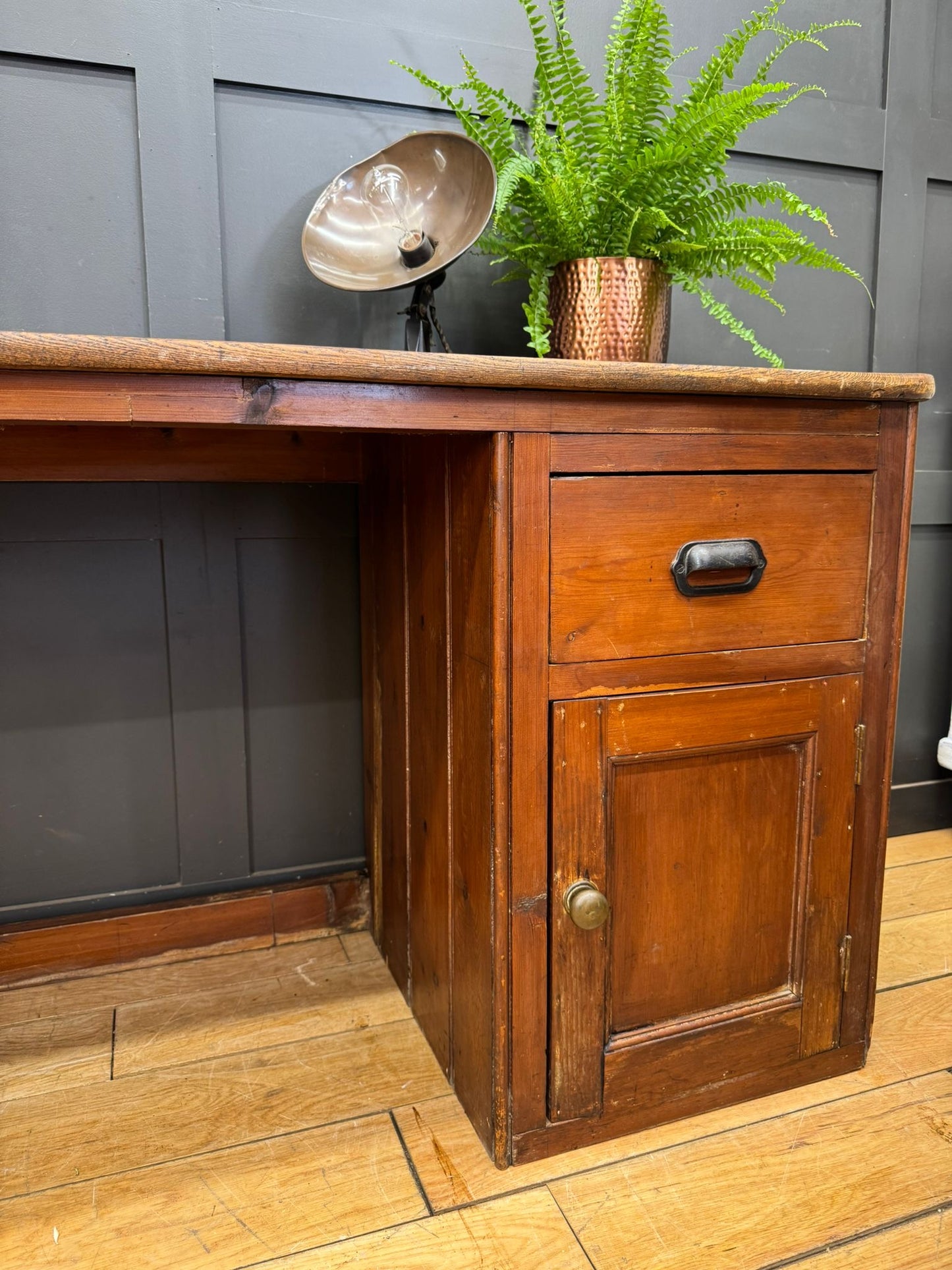 Antique Elm Clerks Desk – Rustic Pine Work Bench / Craft Table / Office Desk
