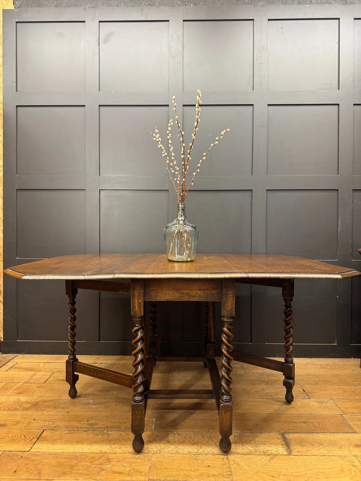 1920s Oak Barley Twist Gateleg Drop Leaf Dining Table