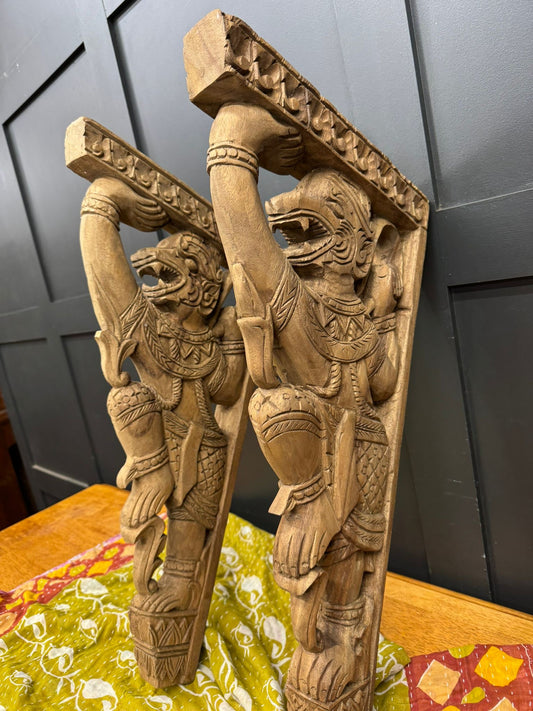 Indonesian Carved Hardwood Wall Brackets – Mythical Figures – 64cm Corbel Pair