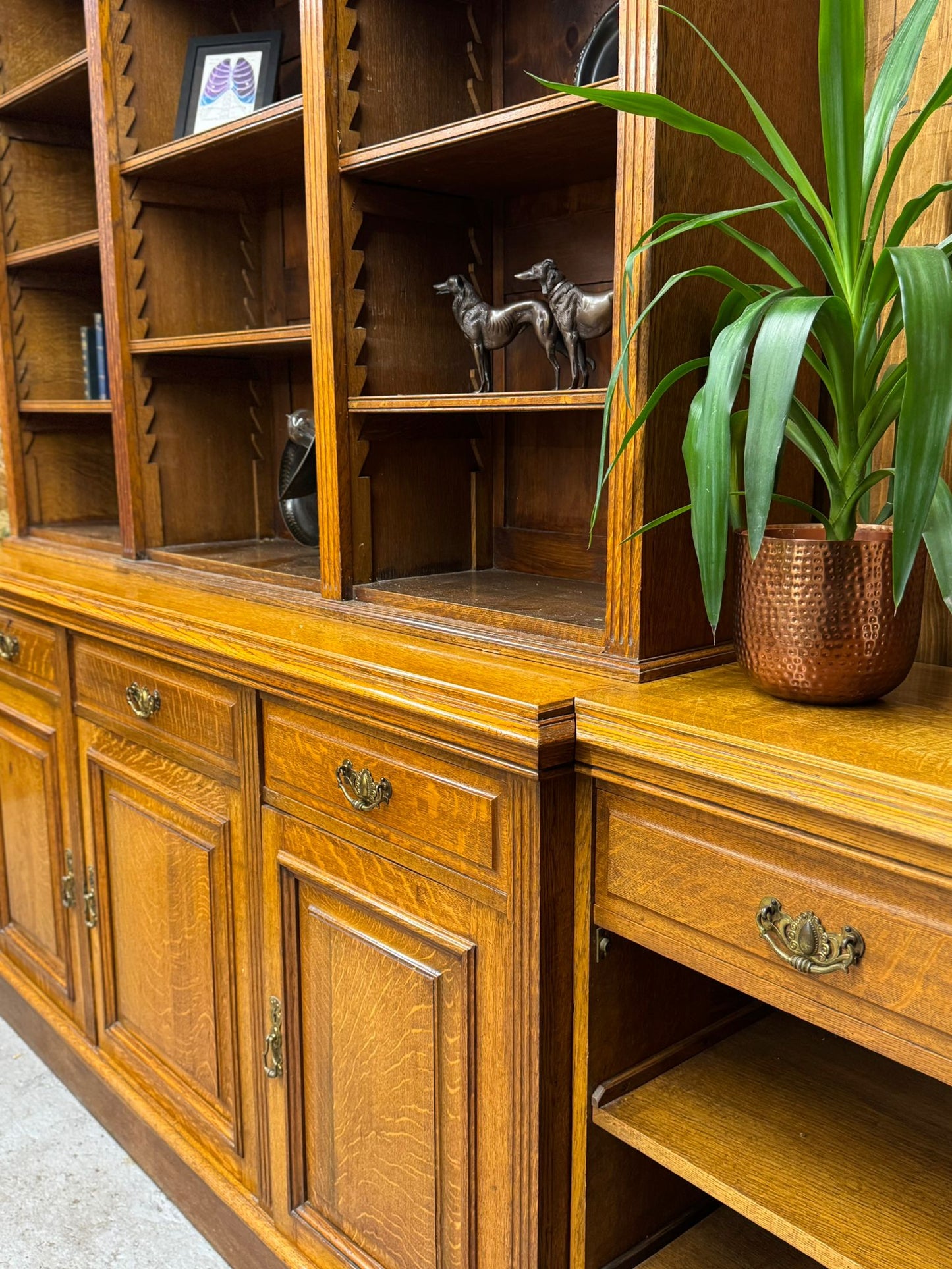 Victorian Solid Oak Breakfront Library Bookcase, TV Stand, Sideboard Display