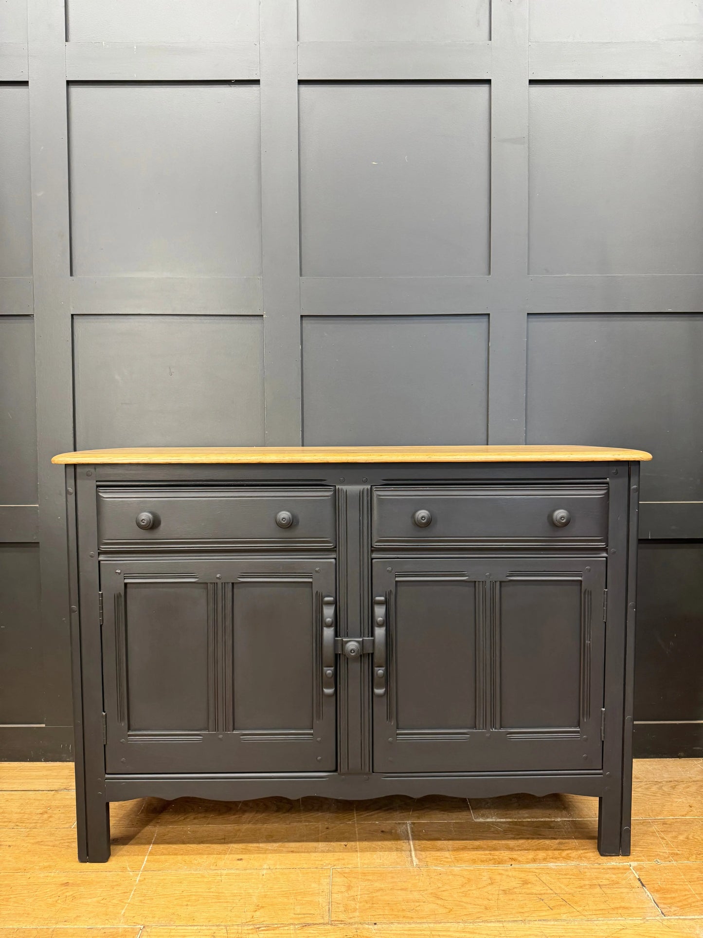Vintage Ercol Painted Sideboard Black Storage Cabinet Cupboard Drawers Natural Top