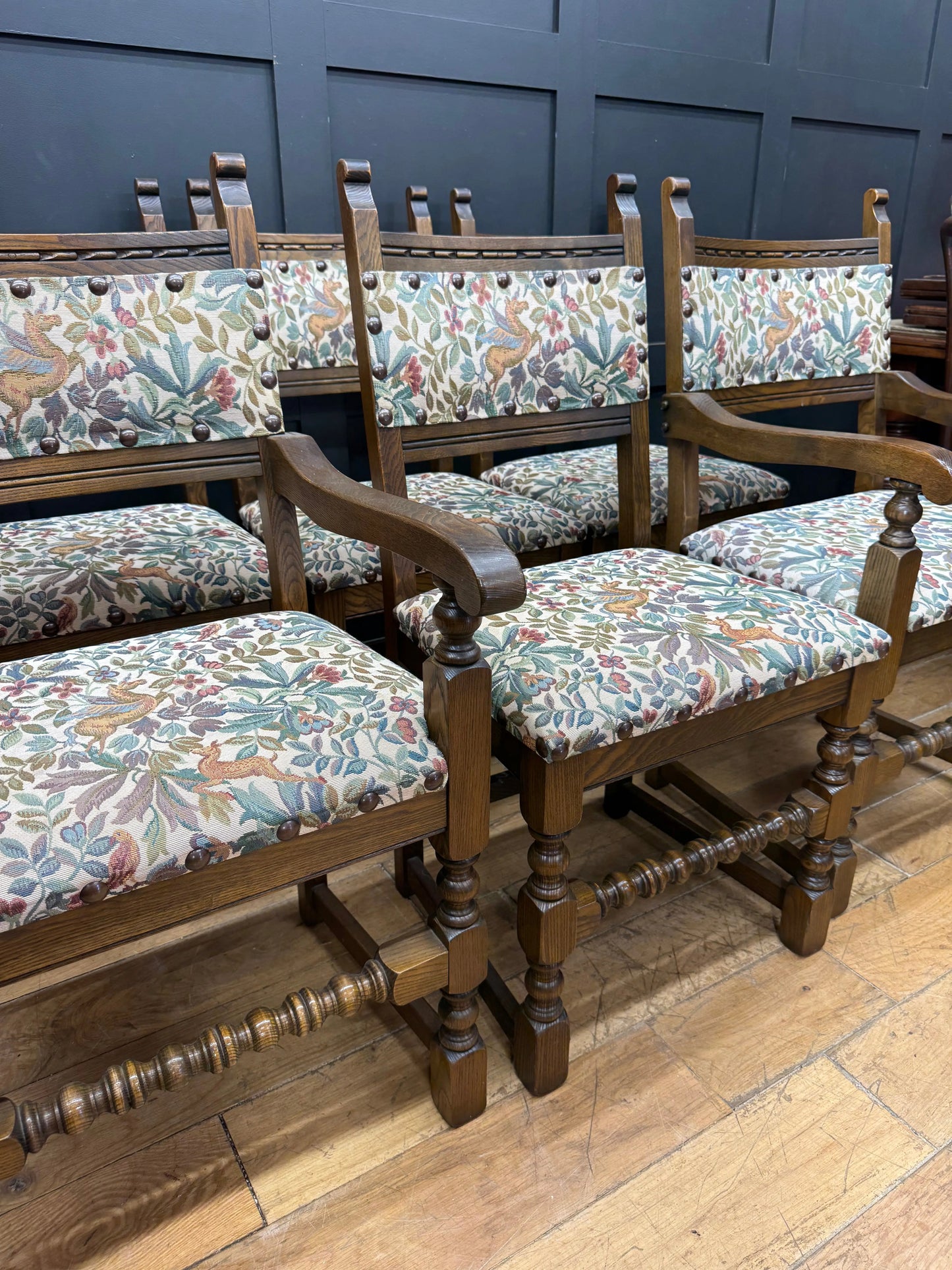 Old Charm Set 6 Dining Kitchen Chairs 2 Carvers Pegasus Fabric Solid Oak Vintage