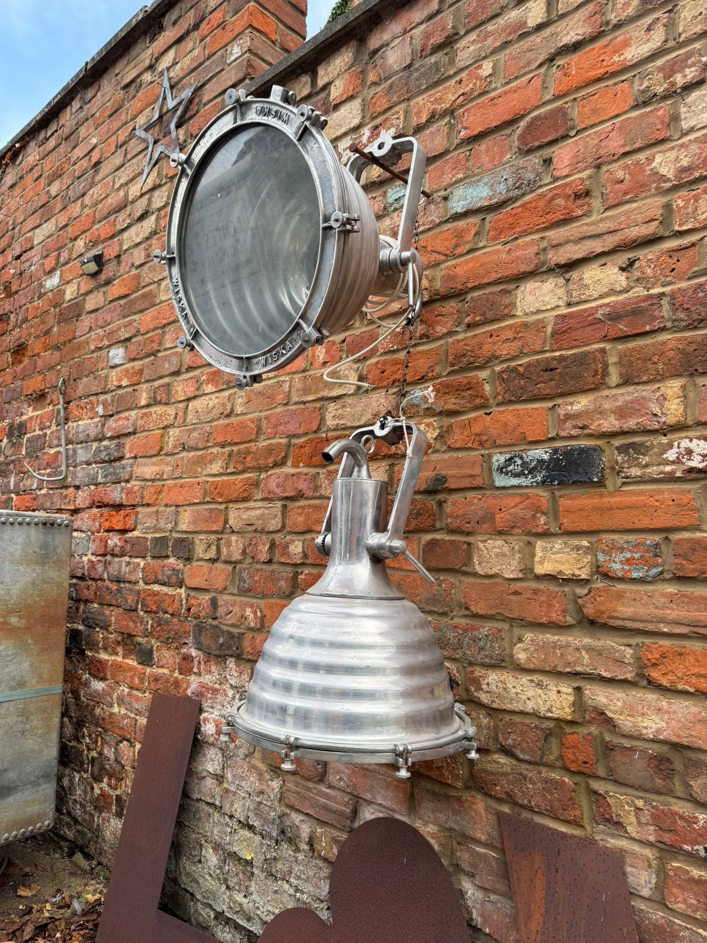 Pair of Vintage WISKA Ship Lights – Polished Aluminium Industrial Lamps