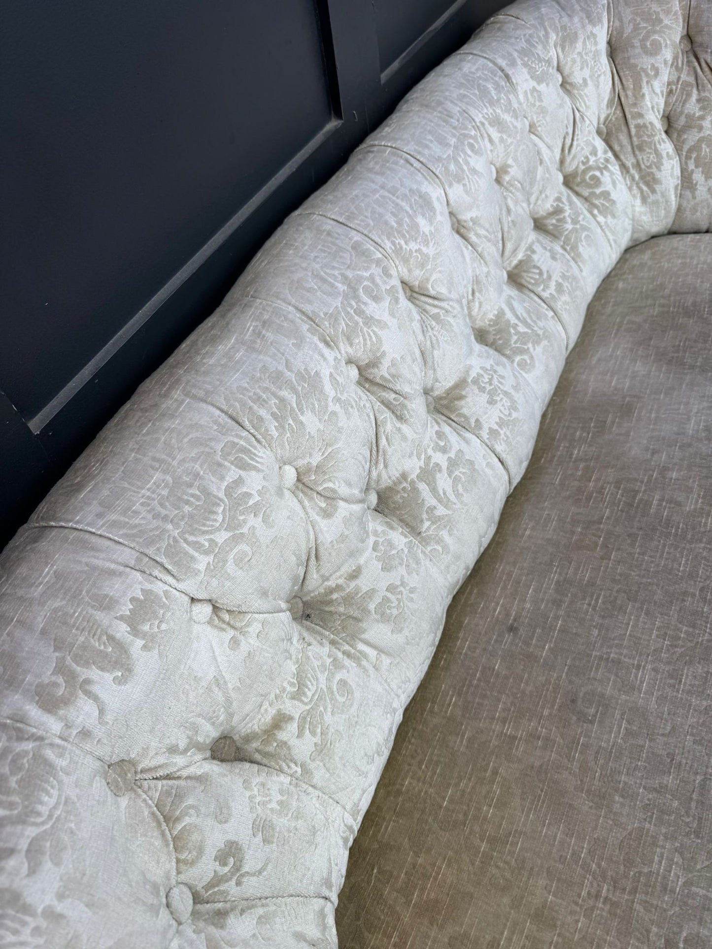 Late Victorian Walnut Button Back Sofa – Scroll Arm Upholstered Settee