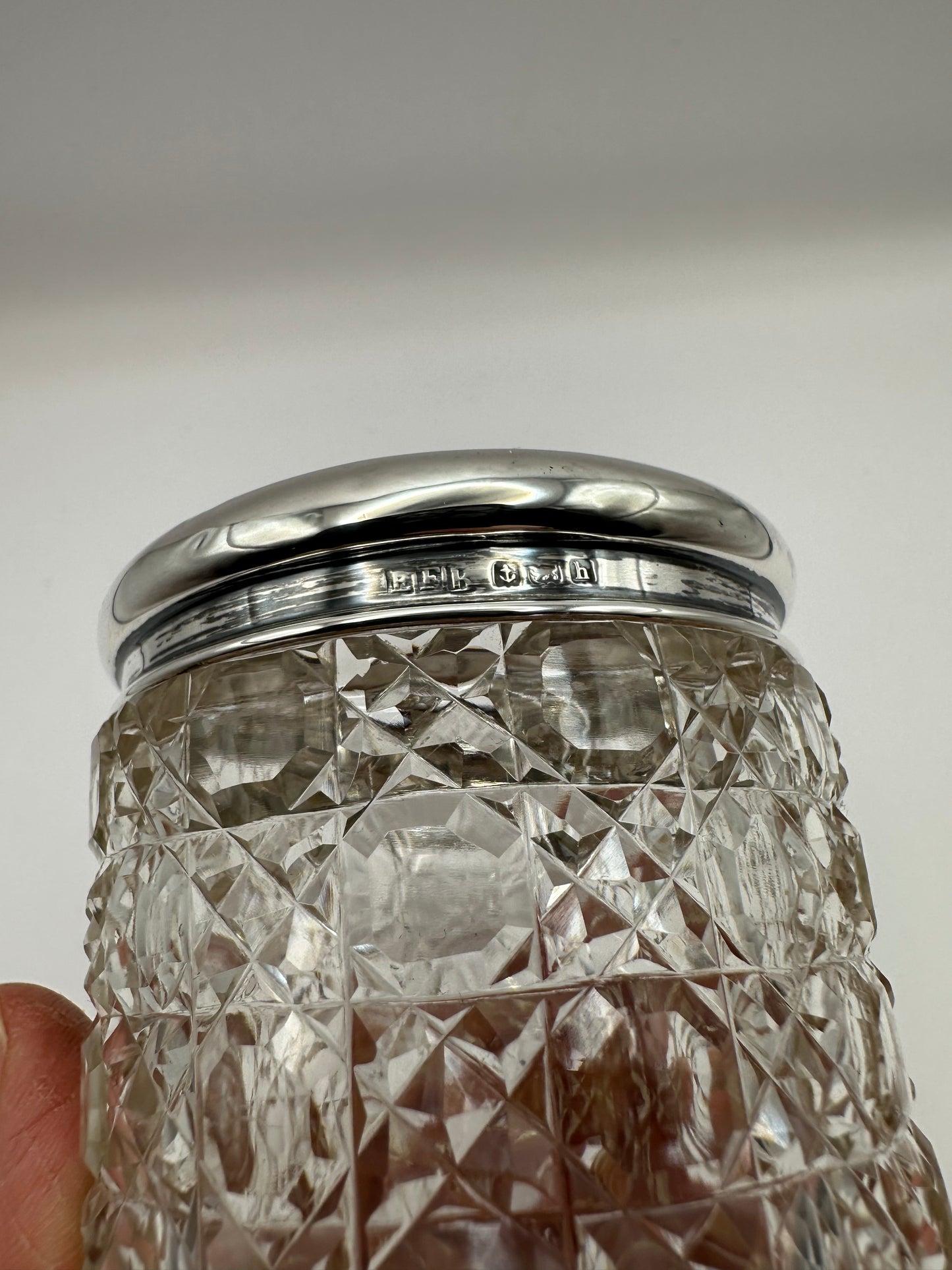 Antique Solid Sterling Silver Topped Cut Glass Pot  / Dressing Table Pot
