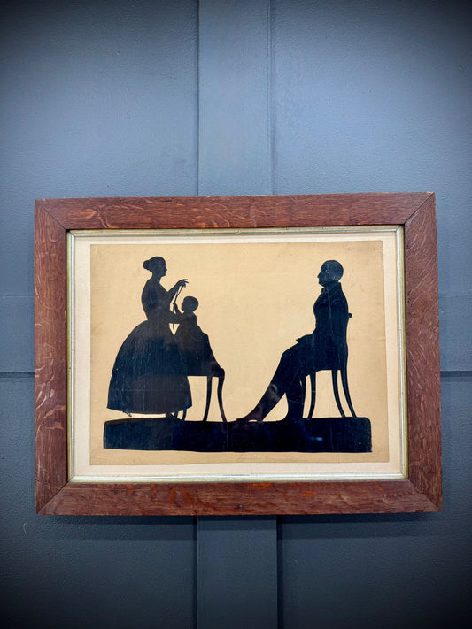 Antique 19thC Silhouette Portrait in Oak Frame – Family Scene, Signed & Rare