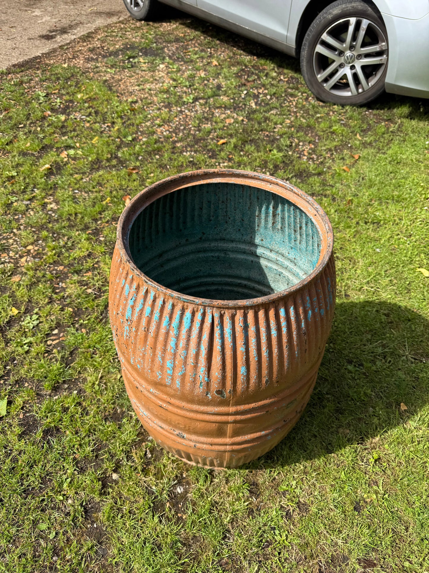 Vintage Ribbed Metal Barrel Garden Planter Painted Industrial Garden Pot
