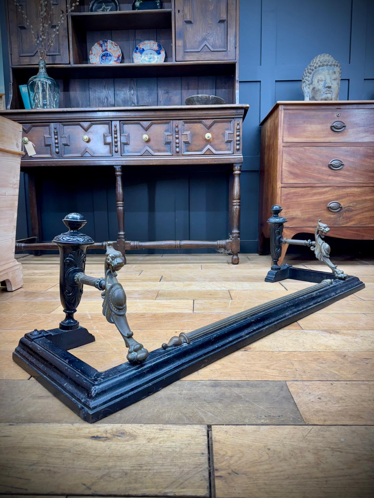 Antique Fireplace Fender – Iron & Brass Griffin Ends Victorian Hearth Guard