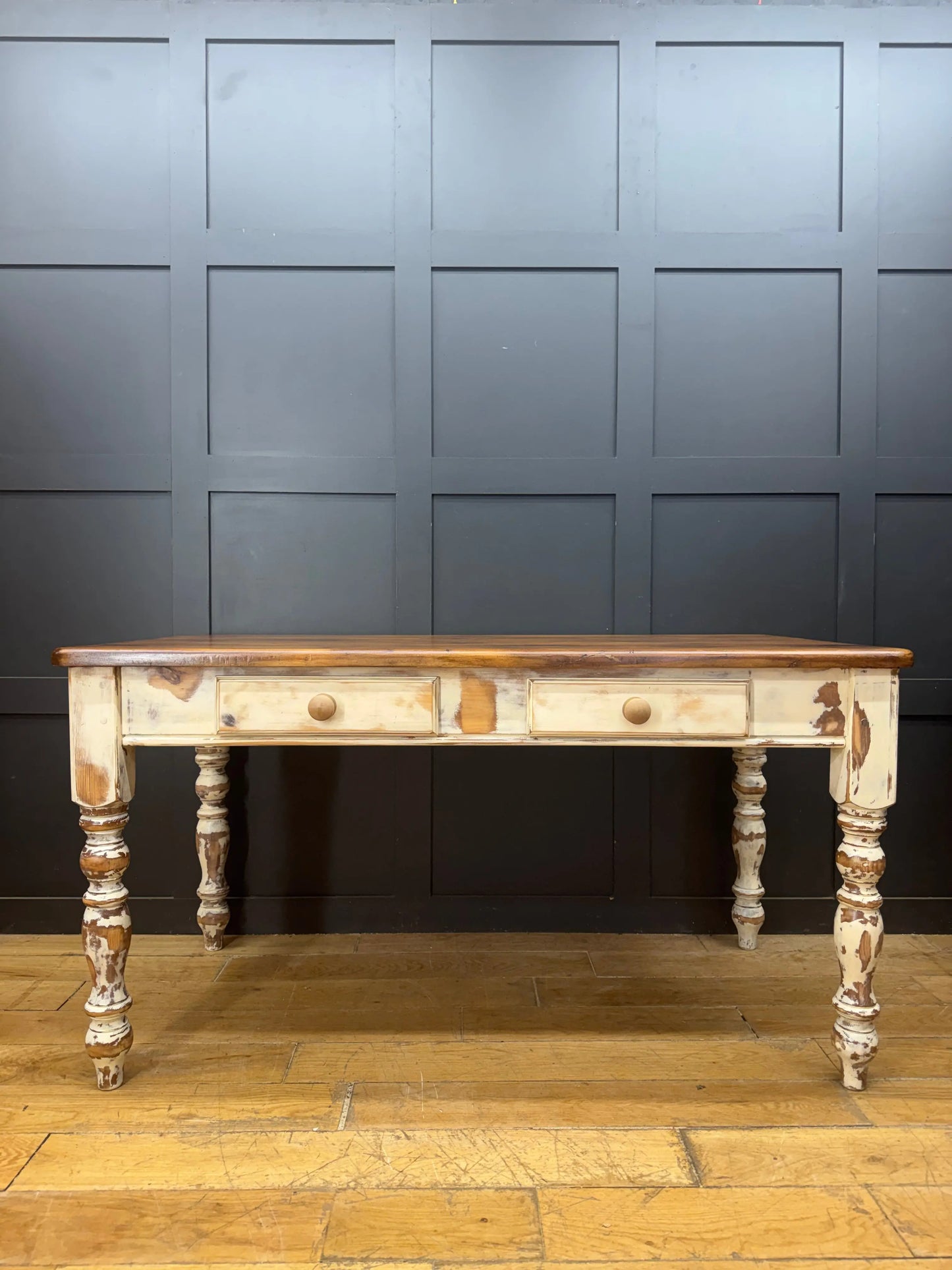 Vintage Solid Pine Farmhouse Kitchen Dining Table 2 Drawer Desk