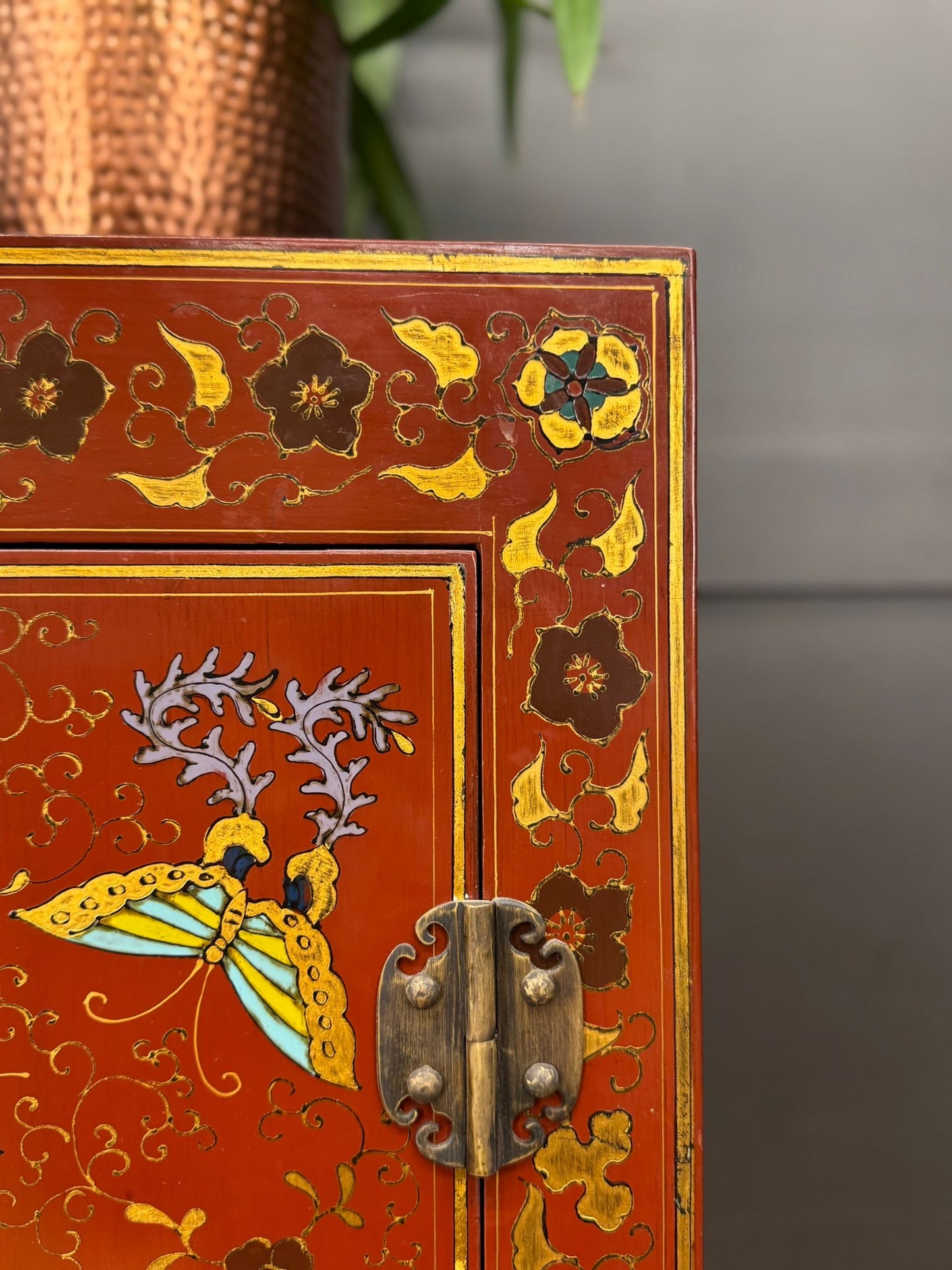 Red Lacquer Shanxi Butterfly Cabinet – Hand Painted Chinese Armoire Cupboard
