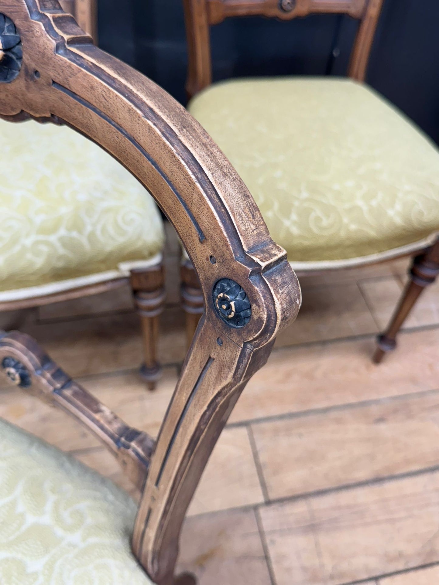 Set of Late Victorian Upholstered Dining Chairs / Walnut Kitchen Chairs