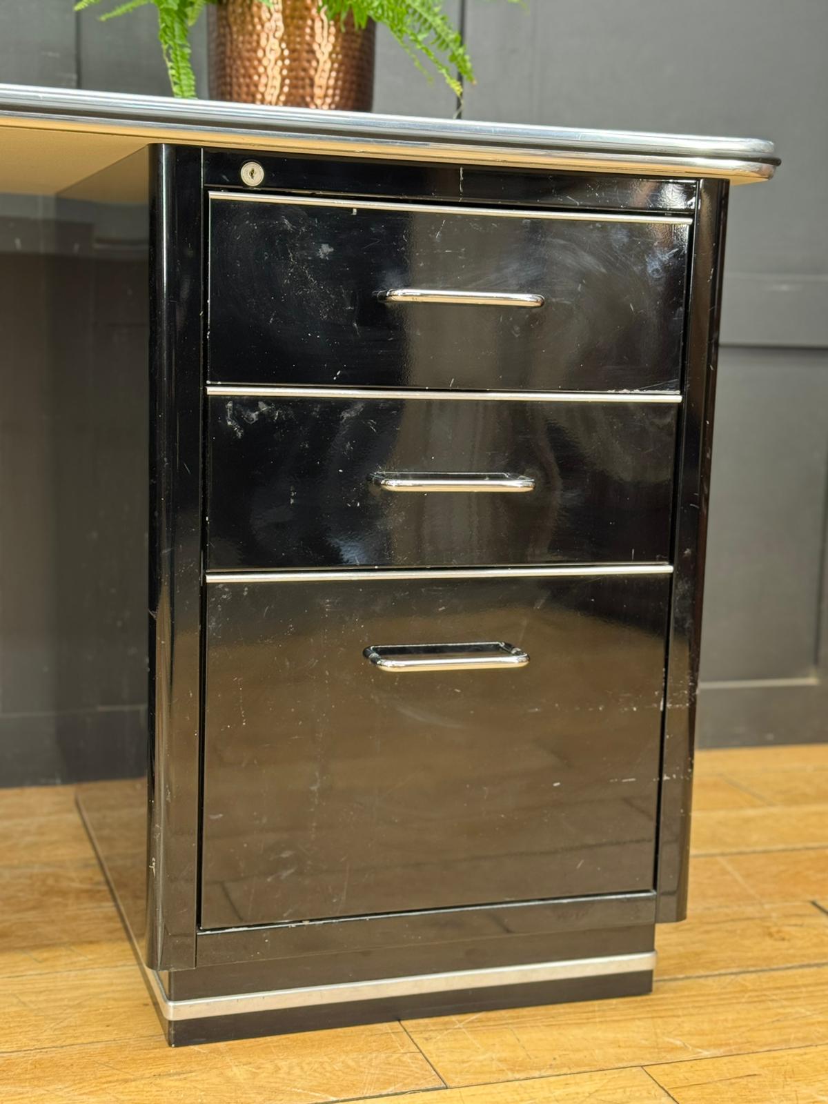 Art Deco Style Black Metal Desk / Müller Chrysler Office Twin Pedestal Desk