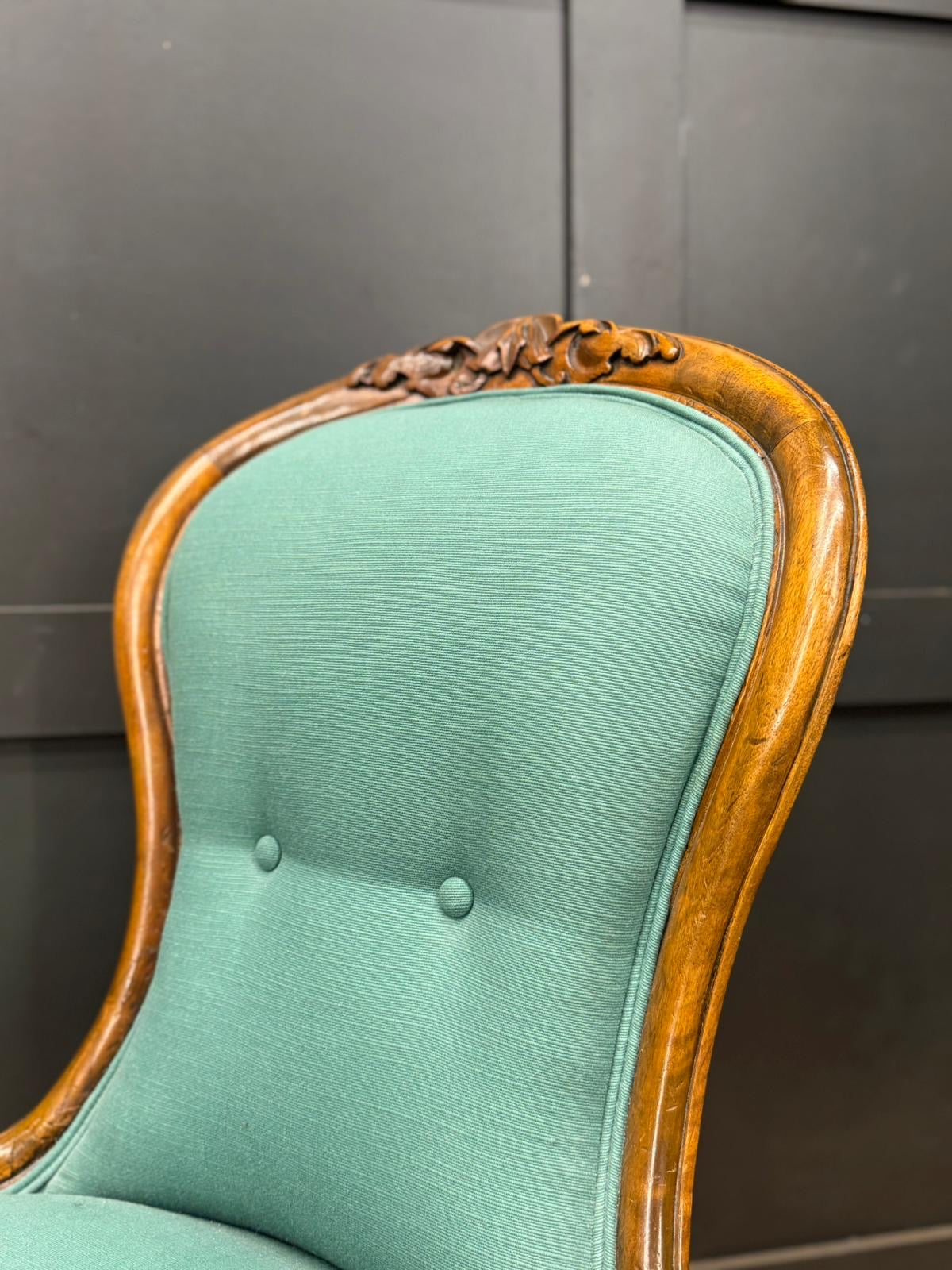 Victorian Walnut Nursing Chair in Green/Teal Upholstery / Bedroom Chair