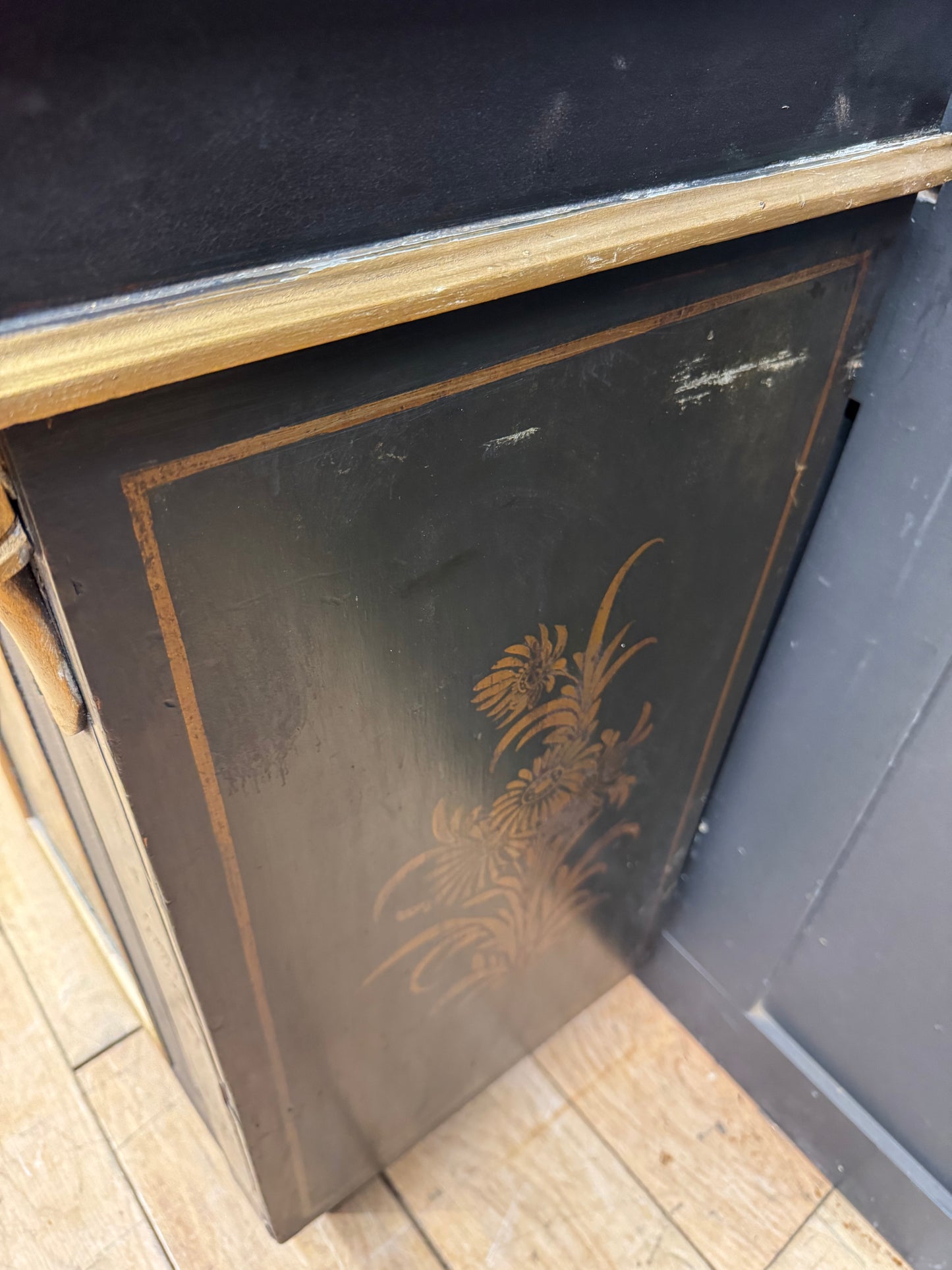 Antique Black Chinoiserie Cabinet Bedside Cupboard Oriental Painted Side Table