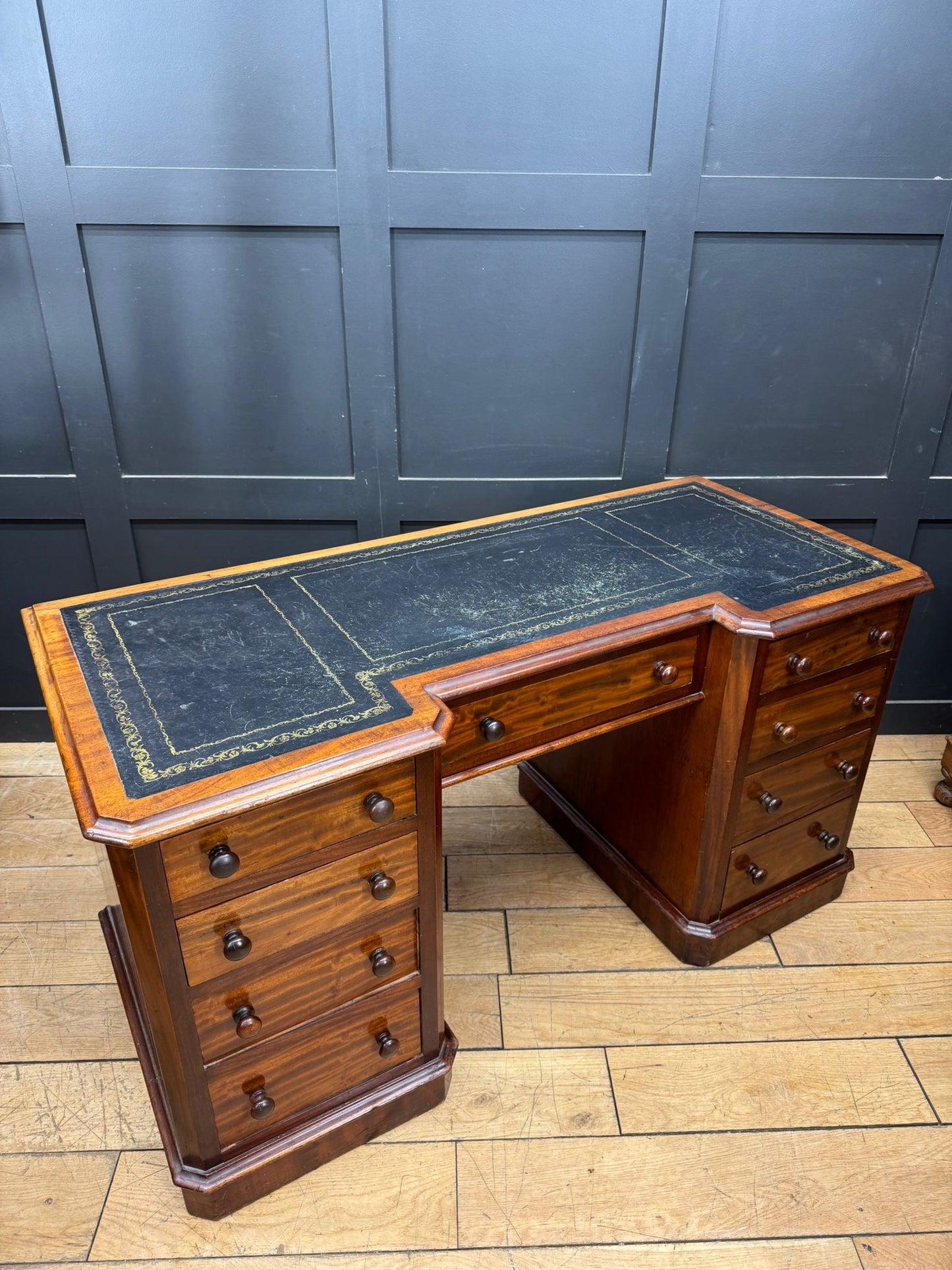 Antique Mahogany Pedestal Desk with Black Leather Top / Dressing Table