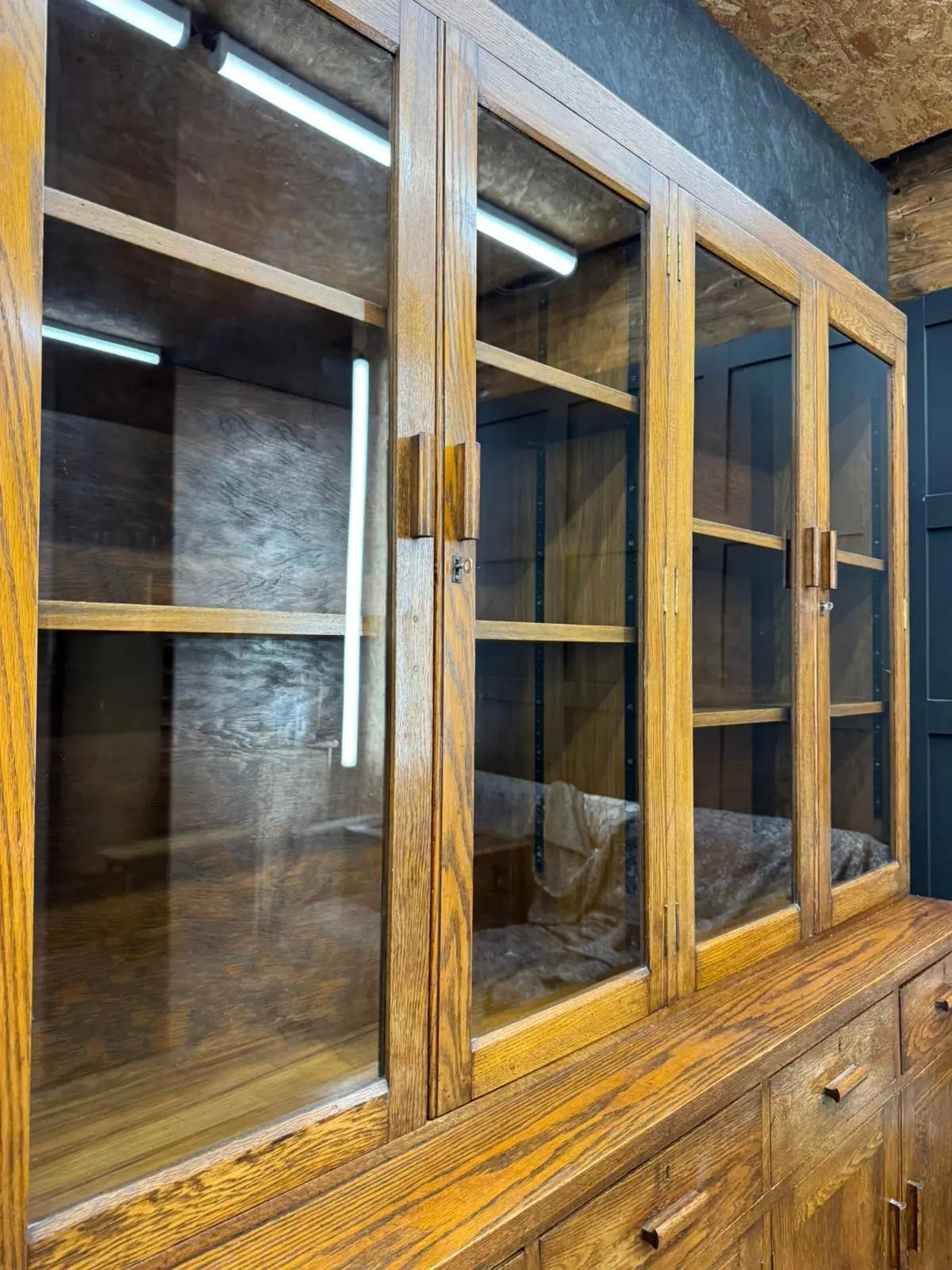 Antique Oak School Science Cabinet Glazed Display Bookcase Cupboard Pantry RUSTIC WAREHOUSE NORFOLK