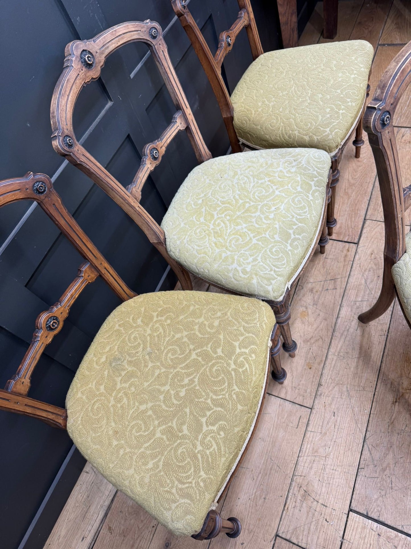 Set of Late Victorian Upholstered Dining Chairs / Walnut Kitchen Chairs