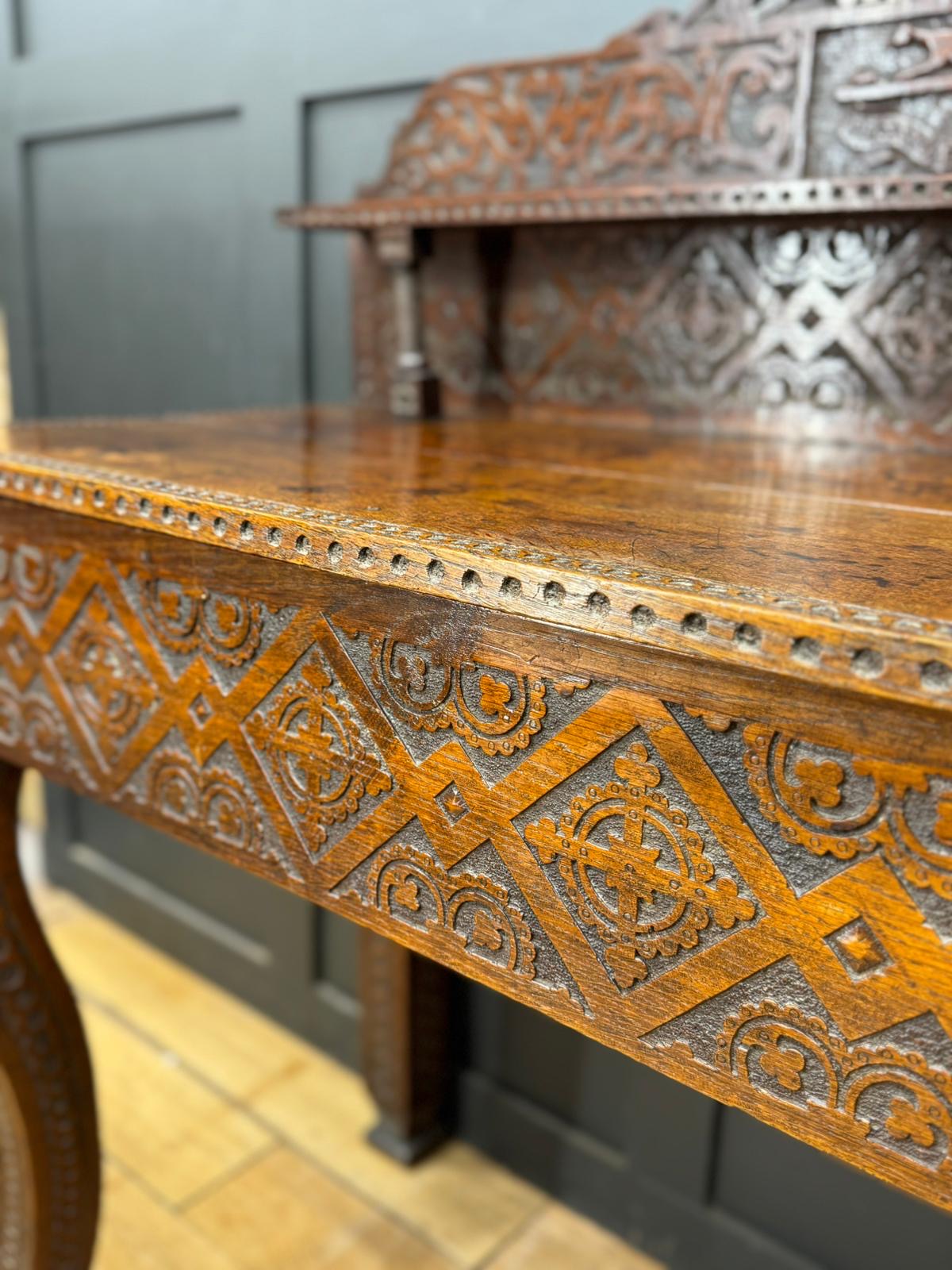 Antique Anglo-Indian Carved Oak Hall Table / Antique Console Side Table