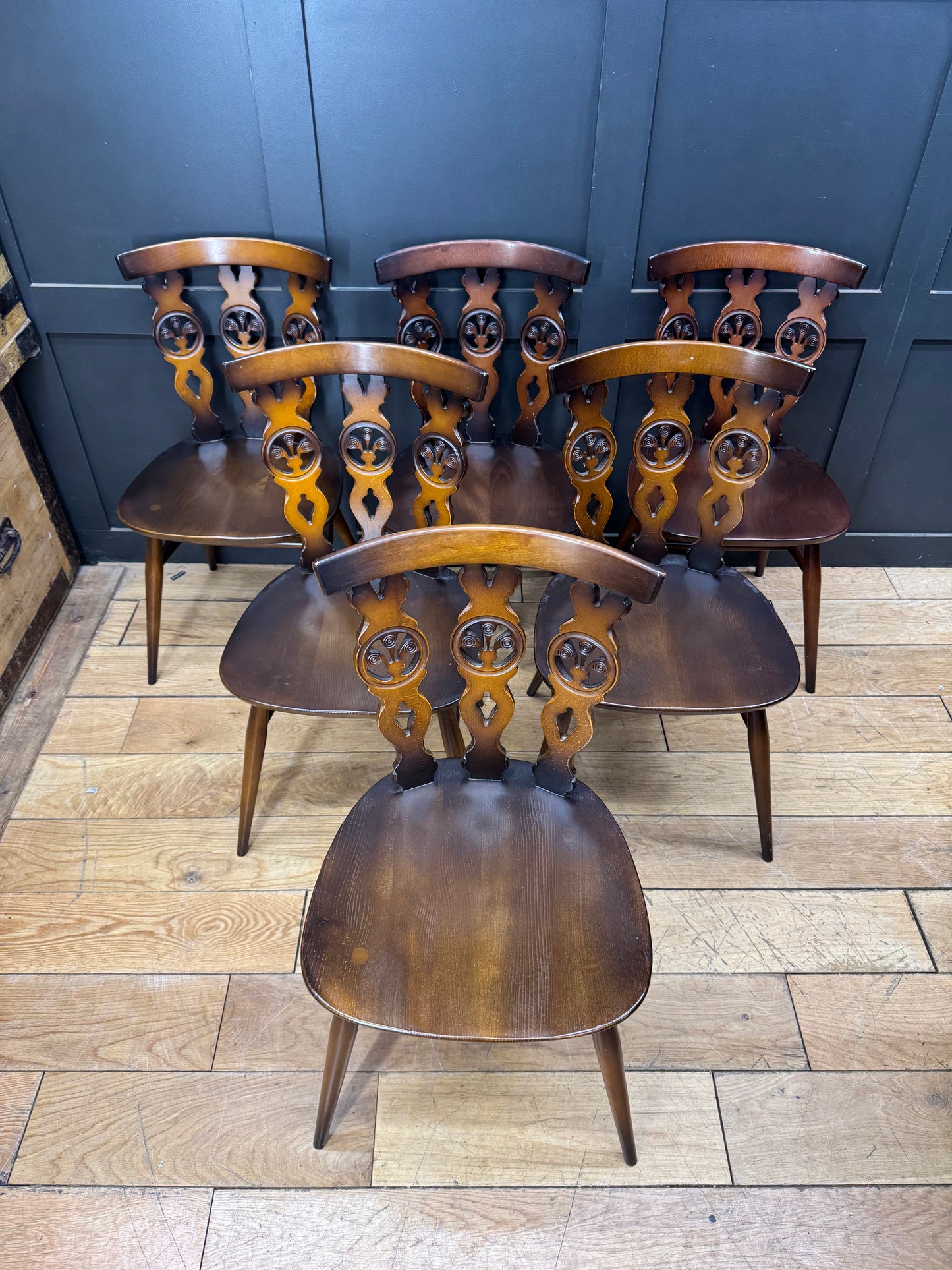 Set Of 6 ERCOL Fleur De Lys 375 Dining Chairs / Elm Kitchen Chairs /Mid Century