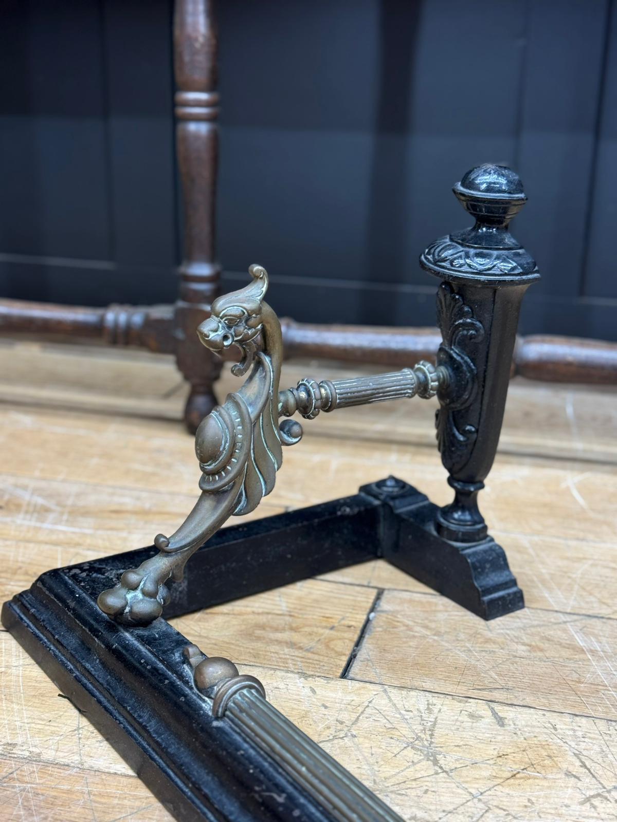 Antique Fireplace Fender – Iron & Brass Griffin Ends Victorian Hearth Guard