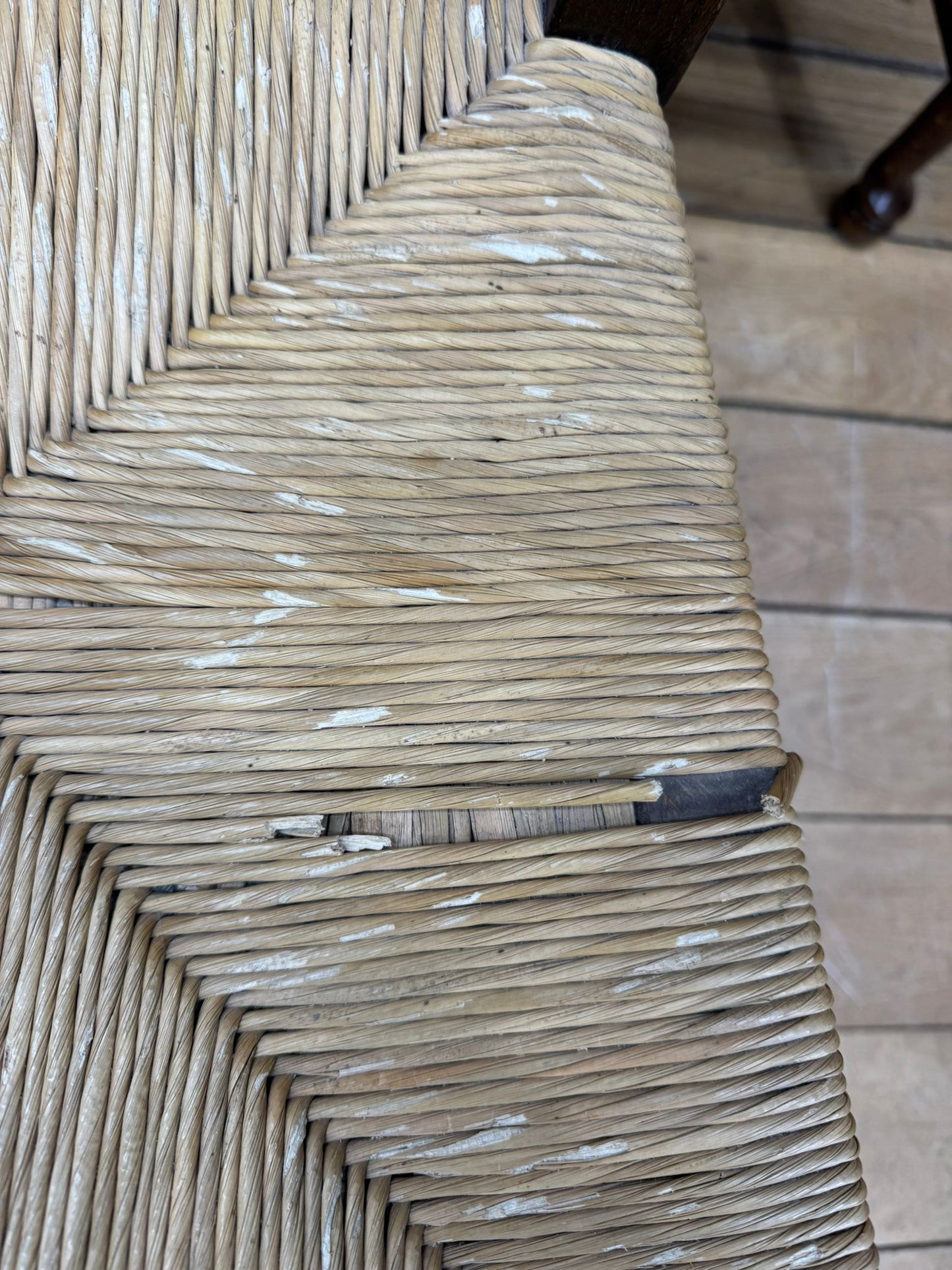 Set of 6 Vintage Oak Ladderback Dining Chairs with Rush Seats inc Carver