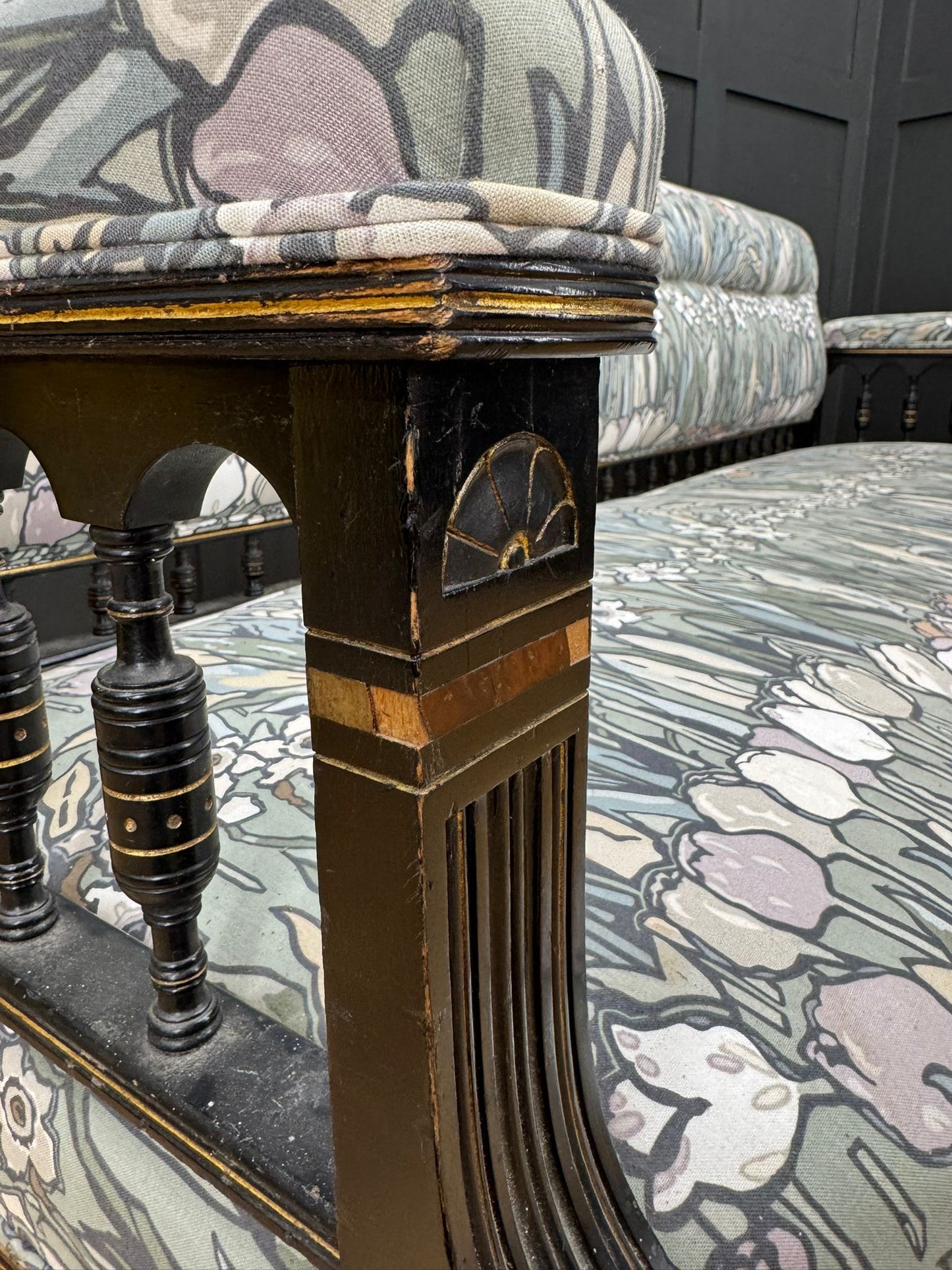 Antique Ebonised Arts & Crafts Settee – Inlaid Frame Vintage Sofa Couch