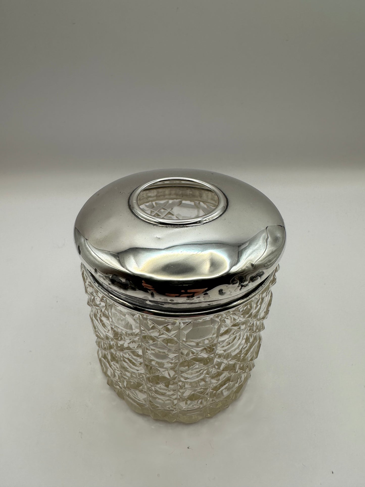 Antique Solid Sterling Silver Topped Cut Glass Pot  / Dressing Table Pot