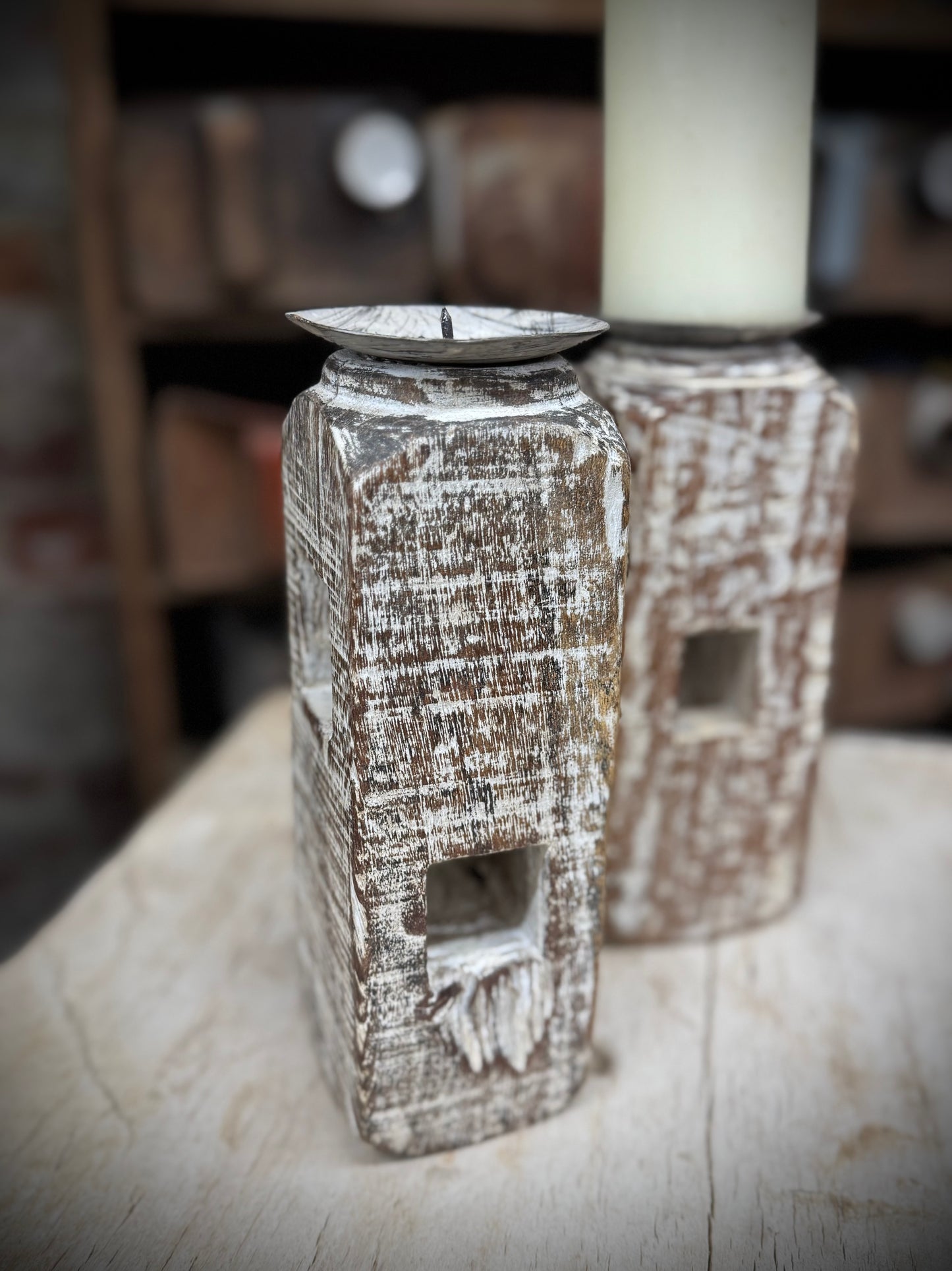 Pair Of Rustic Wooden Candle Holders / Large Church Candle Candlesticks /D