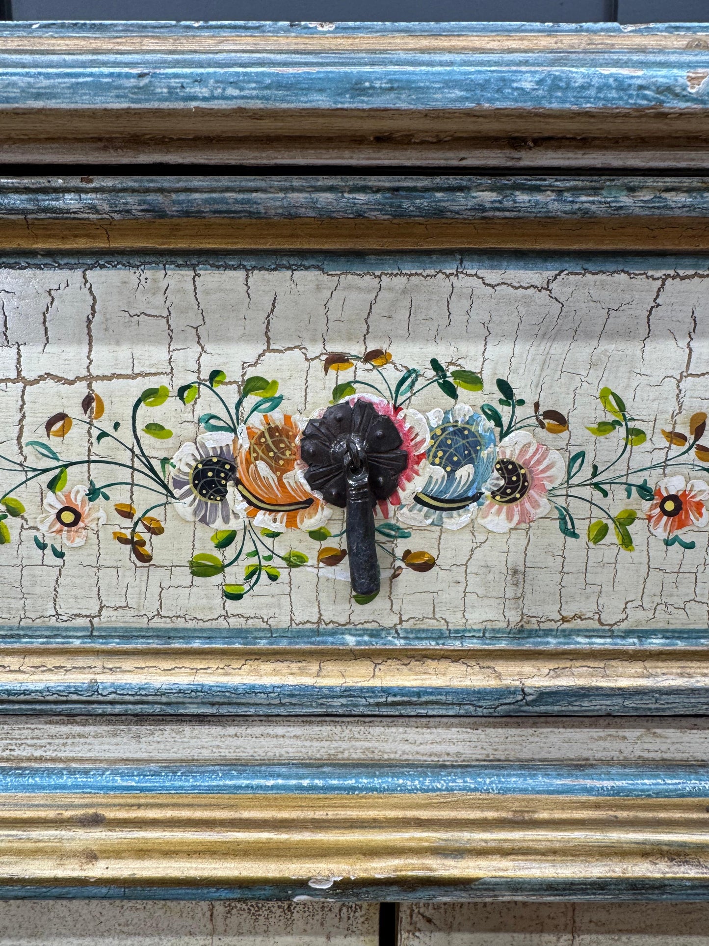 Vintage French Cream Floral Painted Side Cupboard Cabinet Sideboard Drawer Doors