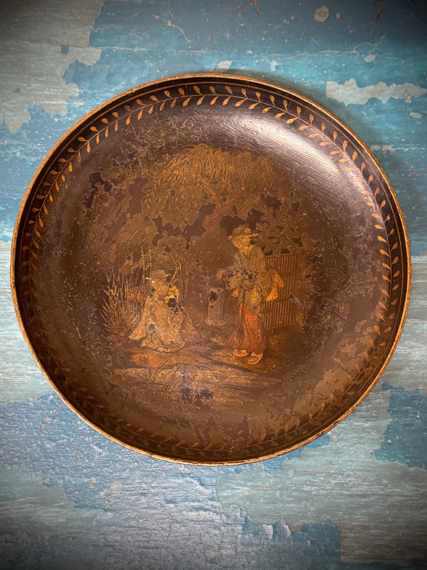 Antique 19th.C Papier-Mâché Lacquered Chinese Tray Plate Bowl / Chinoiserie A