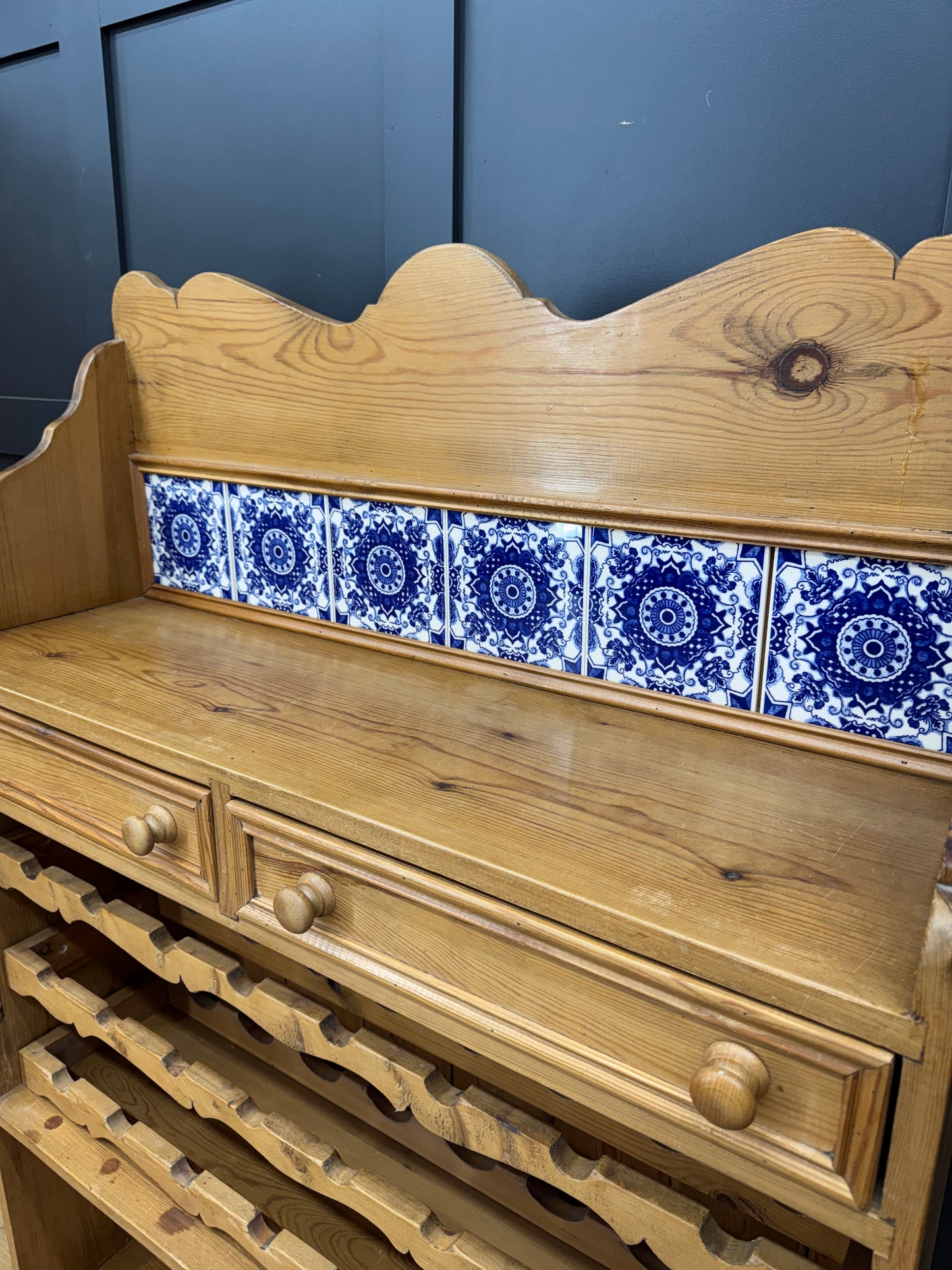 Large Rustic Pine Wine Rack Kitchen Dresser Cabinet with Blue Delft Tiles