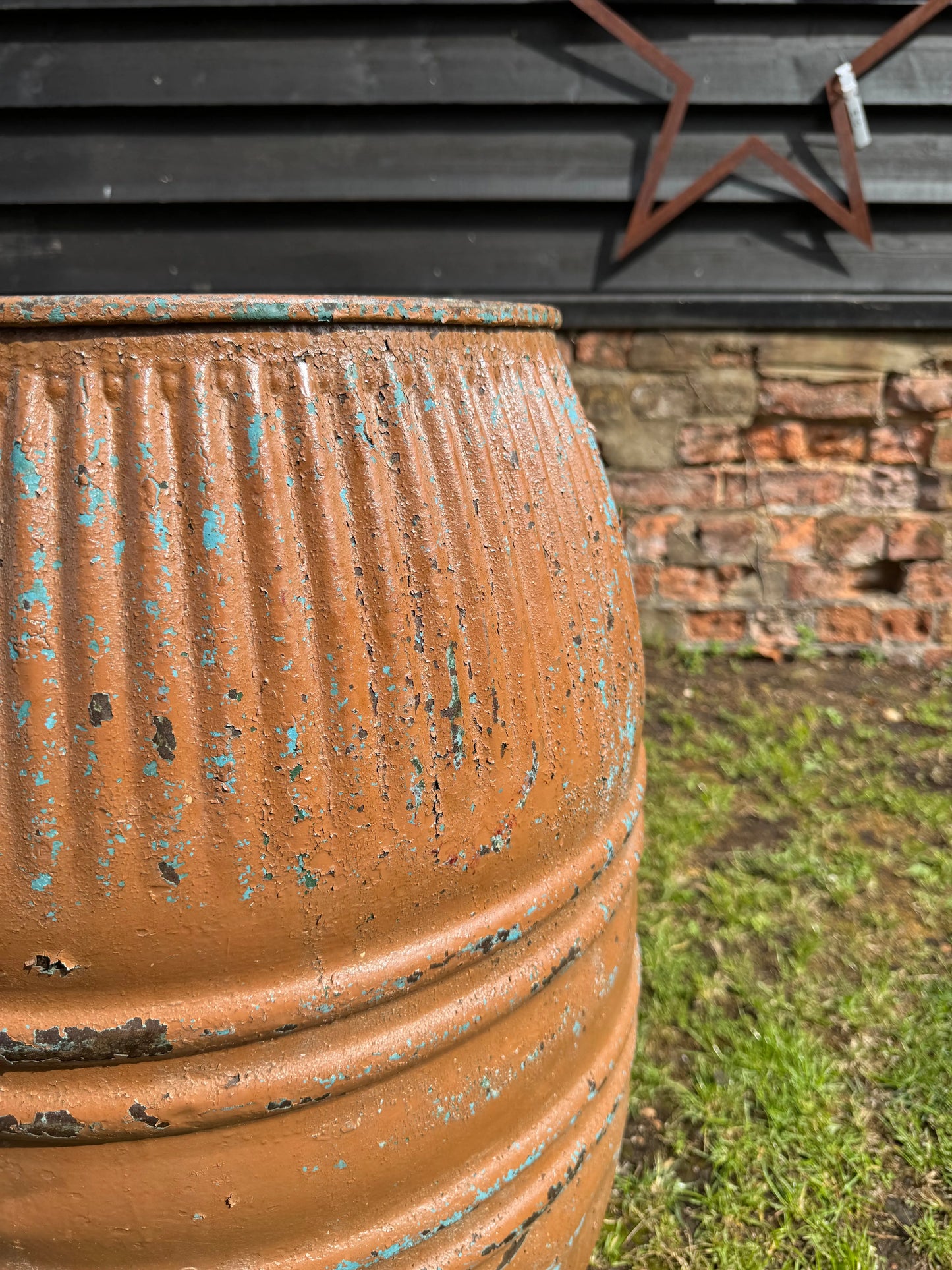 Vintage Ribbed Metal Barrel Garden Planter Painted Industrial Garden Pot