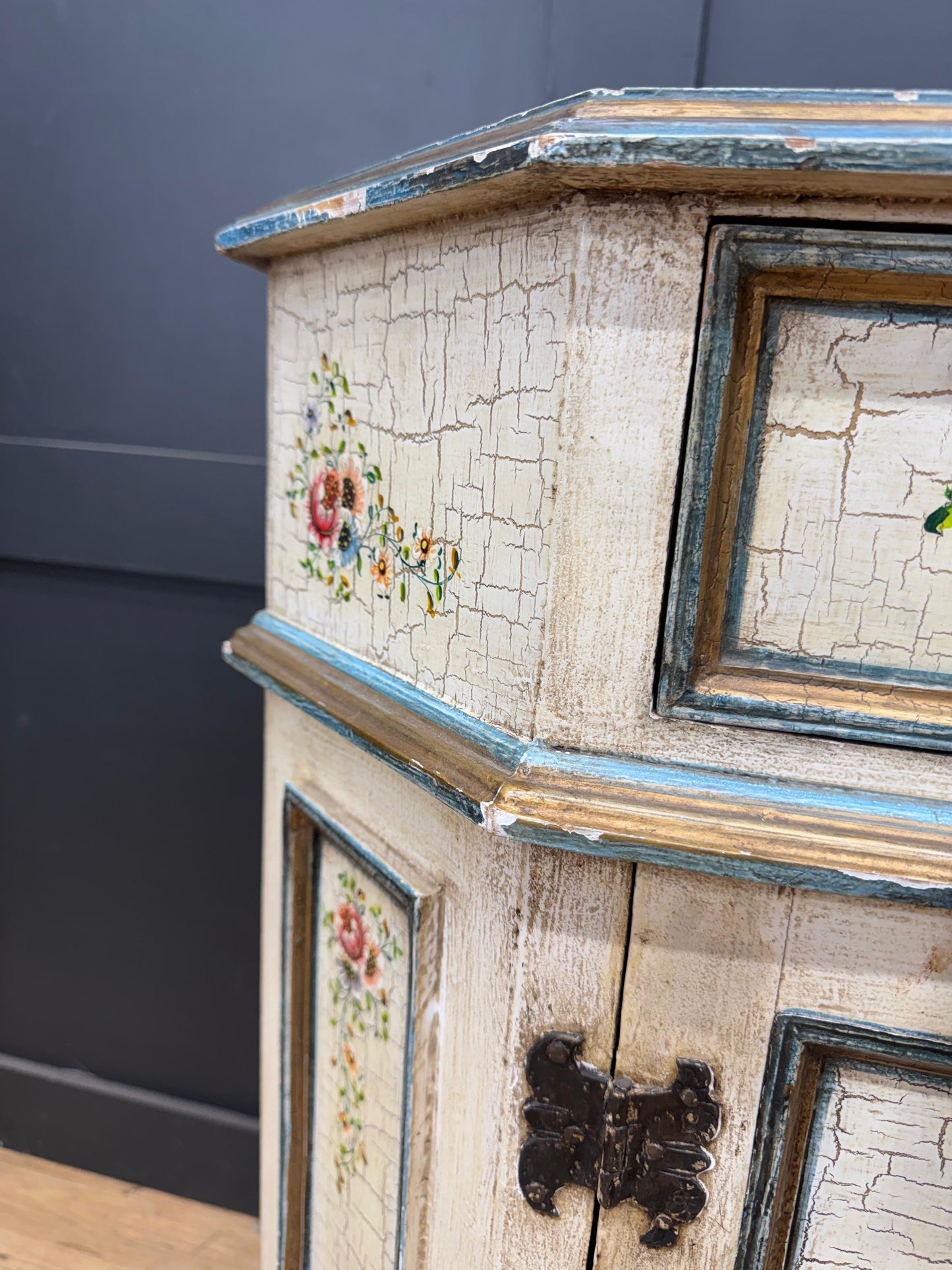 Vintage French Cream Floral Painted Side Cupboard Cabinet Sideboard Drawer Doors