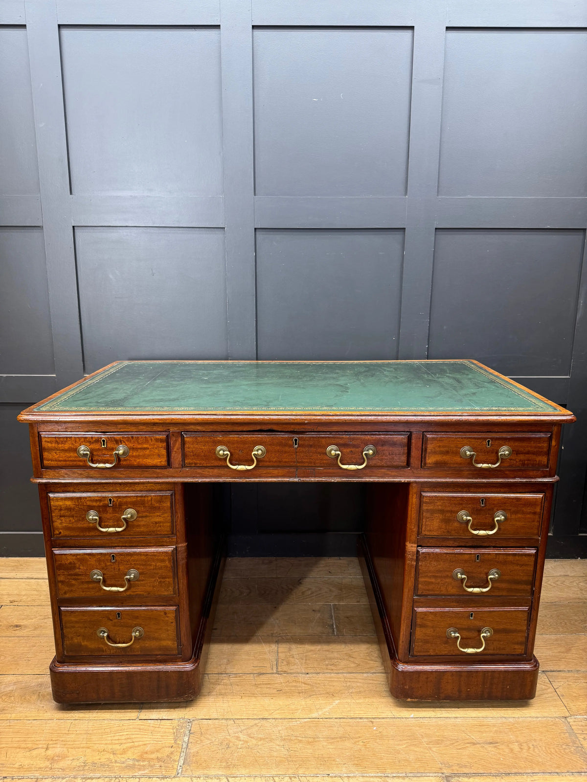 Antique Mahogany Twin Pedestal Writing Desk Green Leather Top Office Desk 19th.C
