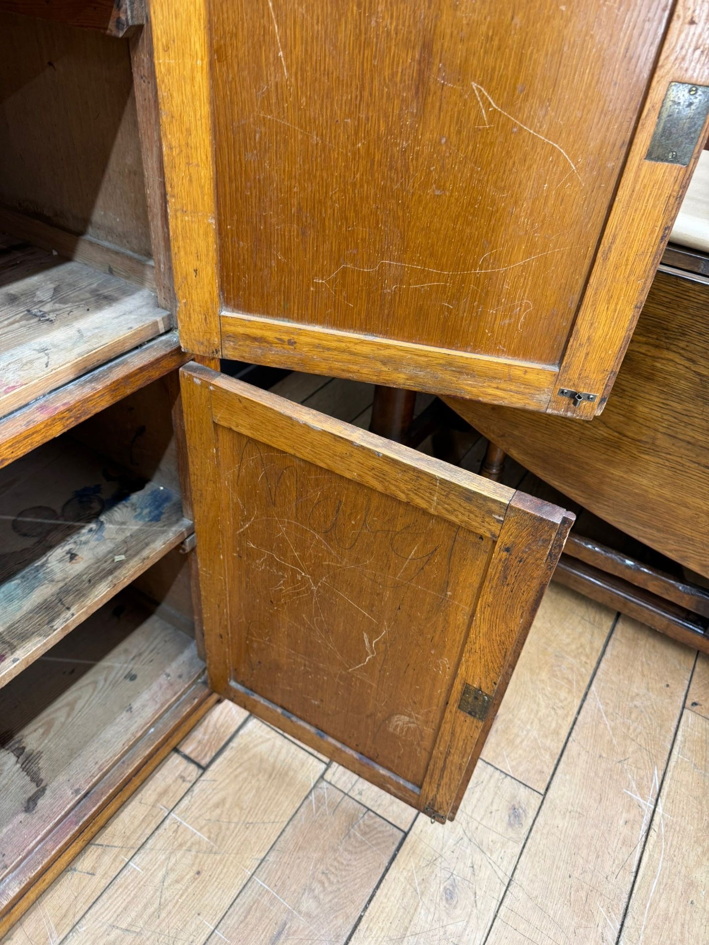 Antique Oak School Cupboard / Four Door Storage Cabinet / Science Art Cupboard