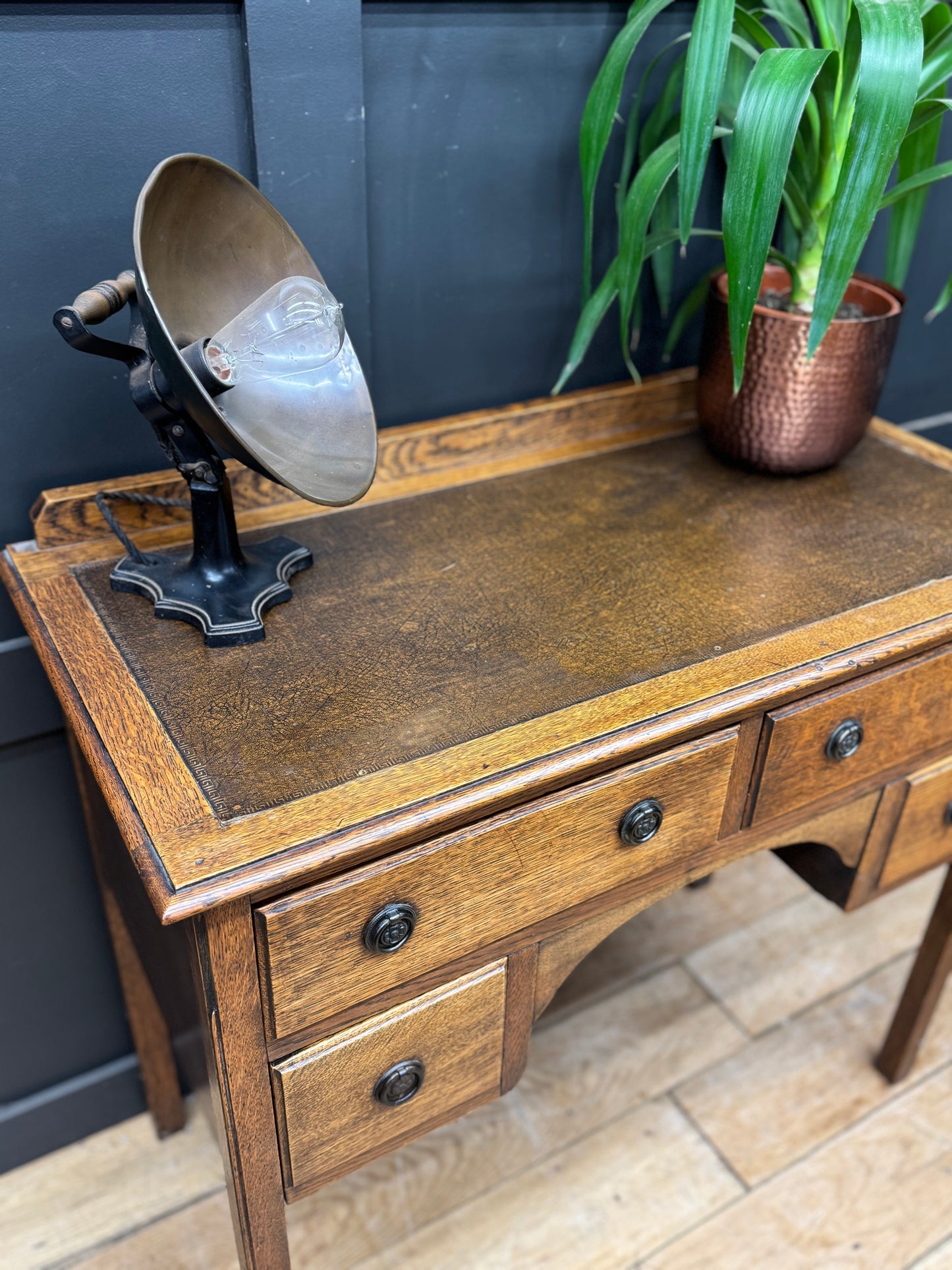 Antique Oak Writing Desk Leather Top Small Desk Drawers Storage Sideboard