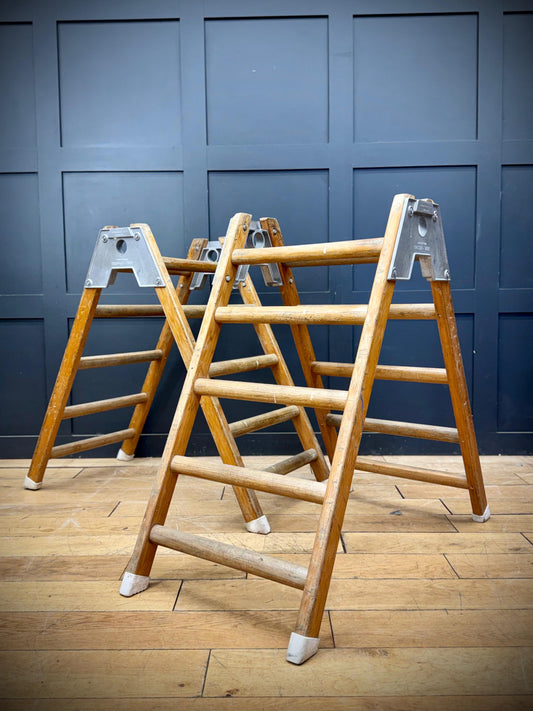 Mid Century Olympic Gymnasium Trestle Trees Wooden Gym Bars Vaulting Horses Pair
