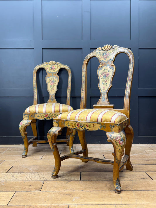 Antique Pair Italian Polychrome Painted Dining Chairs Accent Chairs Venetian
