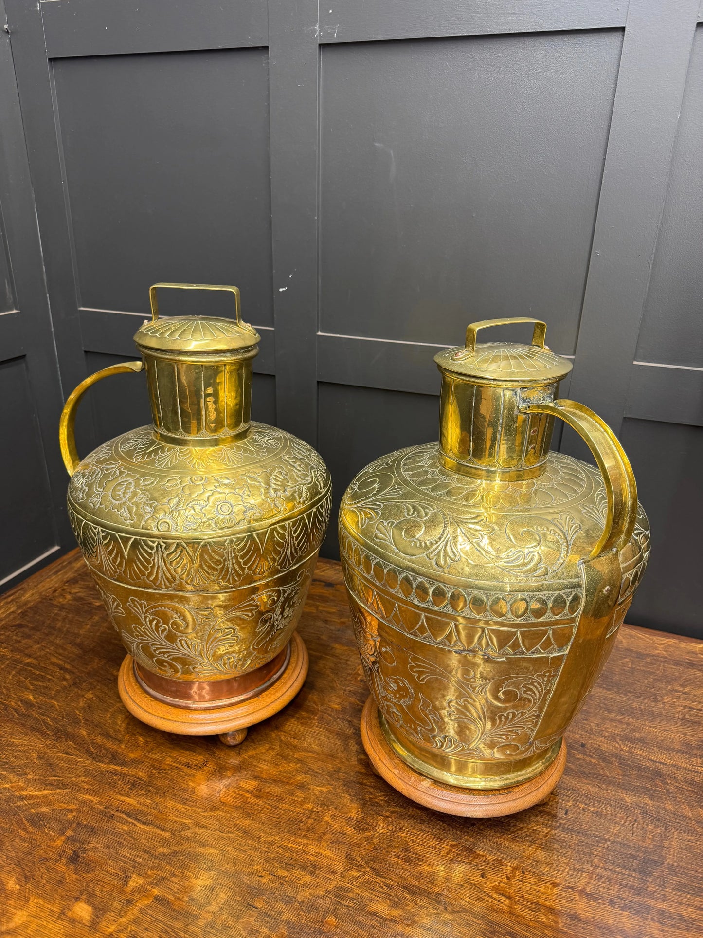 Antique Pair Large 19th Century Dutch Brass Floor Vases Jugs Urns  Display Decor
