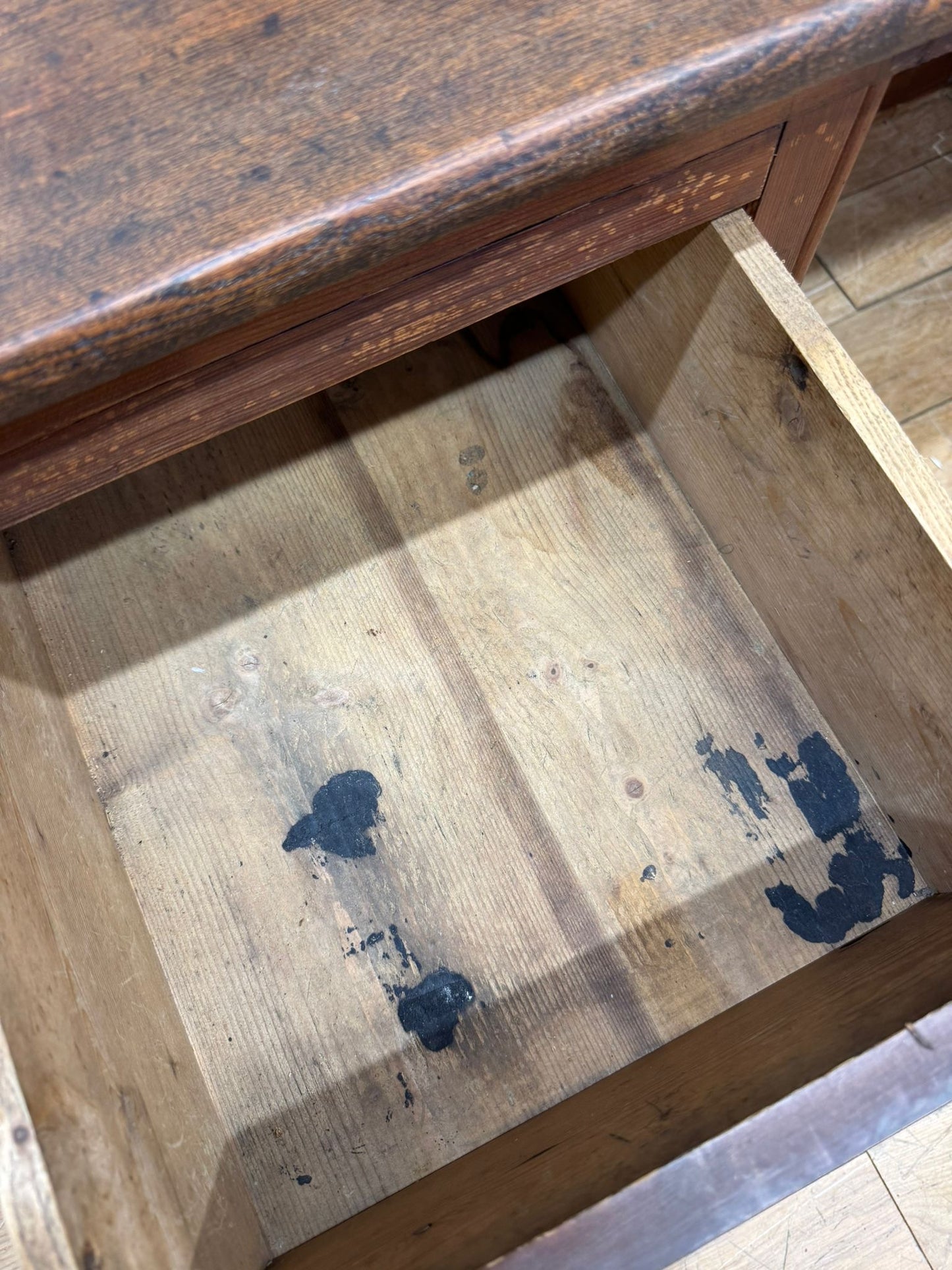 Antique Elm Clerks Desk – Rustic Pine Work Bench / Craft Table / Office Desk